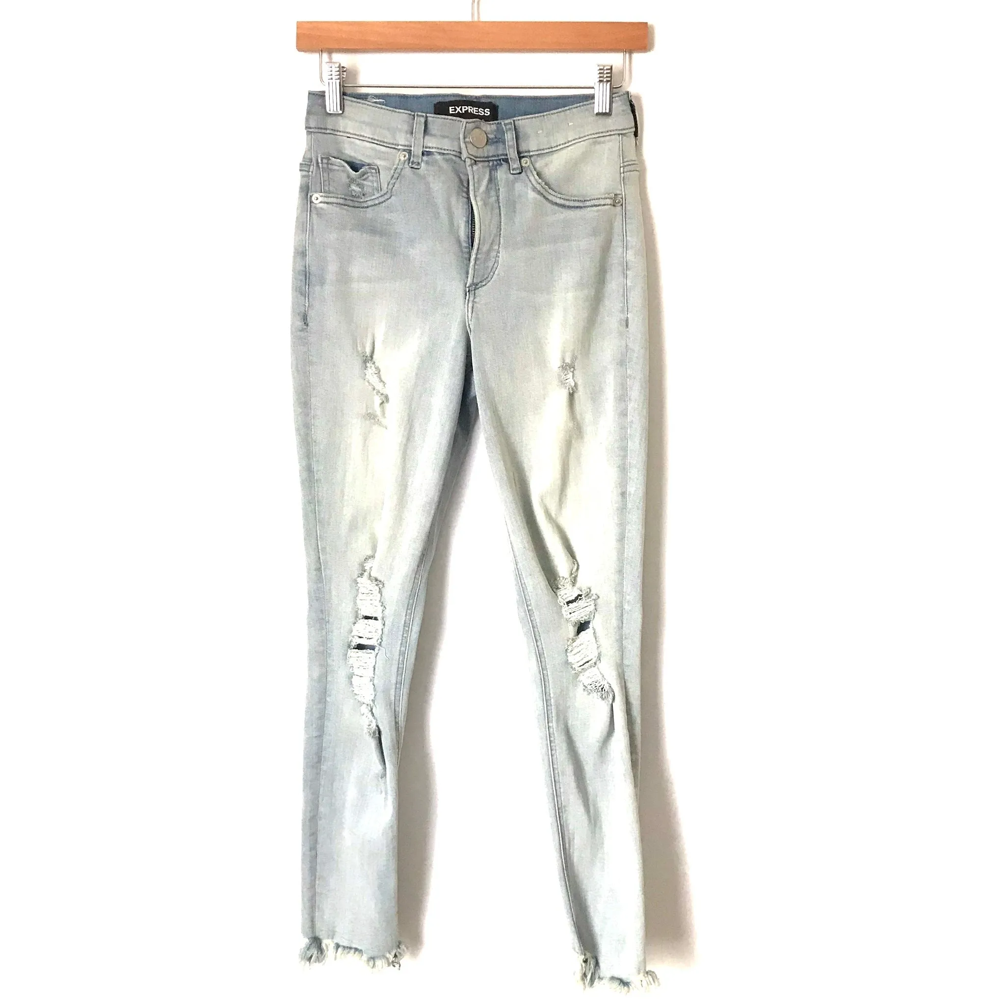 Express Denim Perfect Stretch Ankle High Rise Distressed Light Wash Jeans- Size 2R (Inseam 26”)
