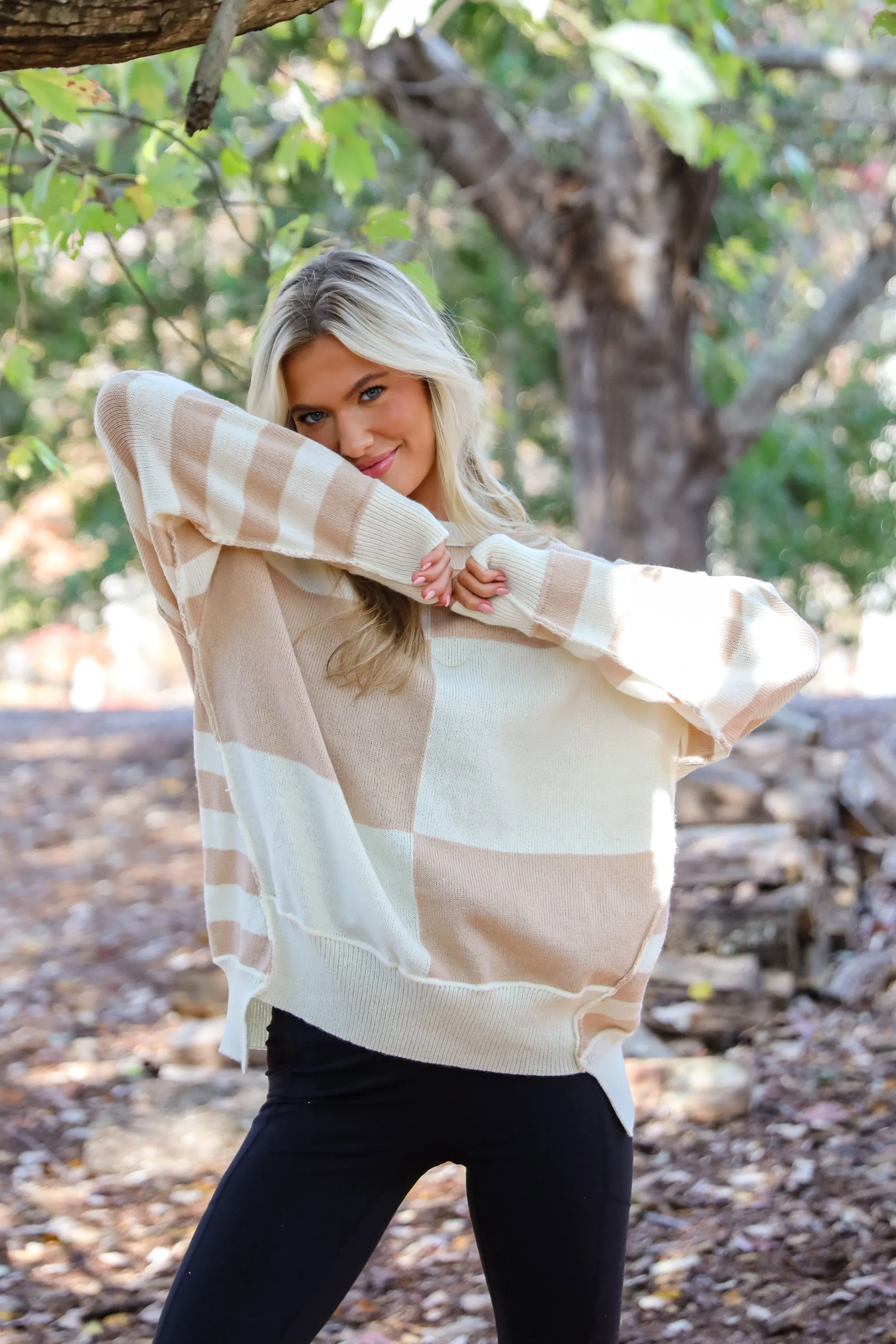 FINAL SALE - Ideal Charisma Taupe Striped Checkered Oversized Sweater