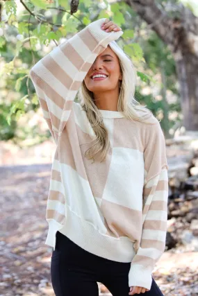 FINAL SALE - Ideal Charisma Taupe Striped Checkered Oversized Sweater