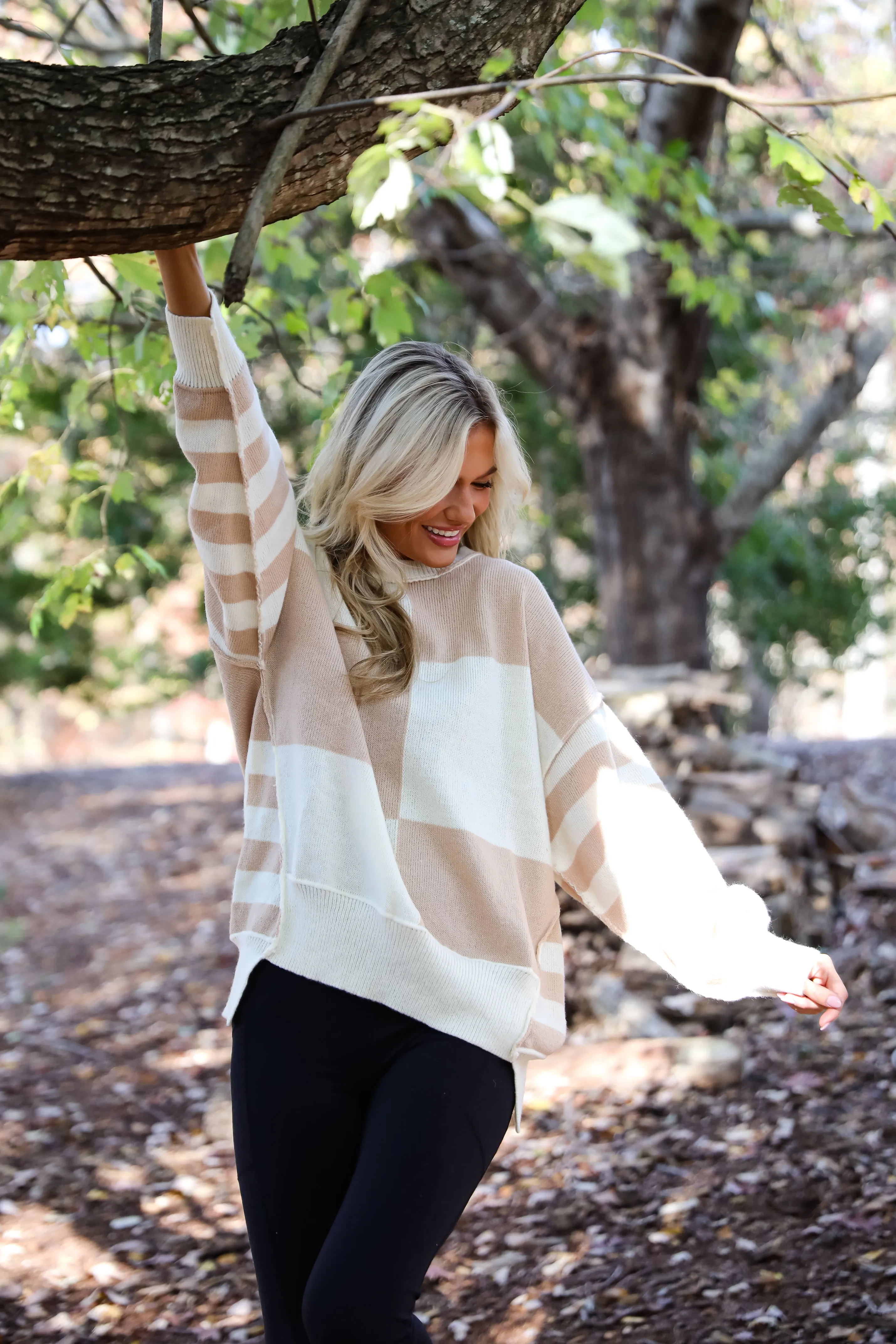 FINAL SALE - Ideal Charisma Taupe Striped Checkered Oversized Sweater