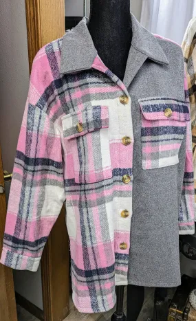 Funsport Brand Woman's Pink Gray Button Down Shacket for Fall Season