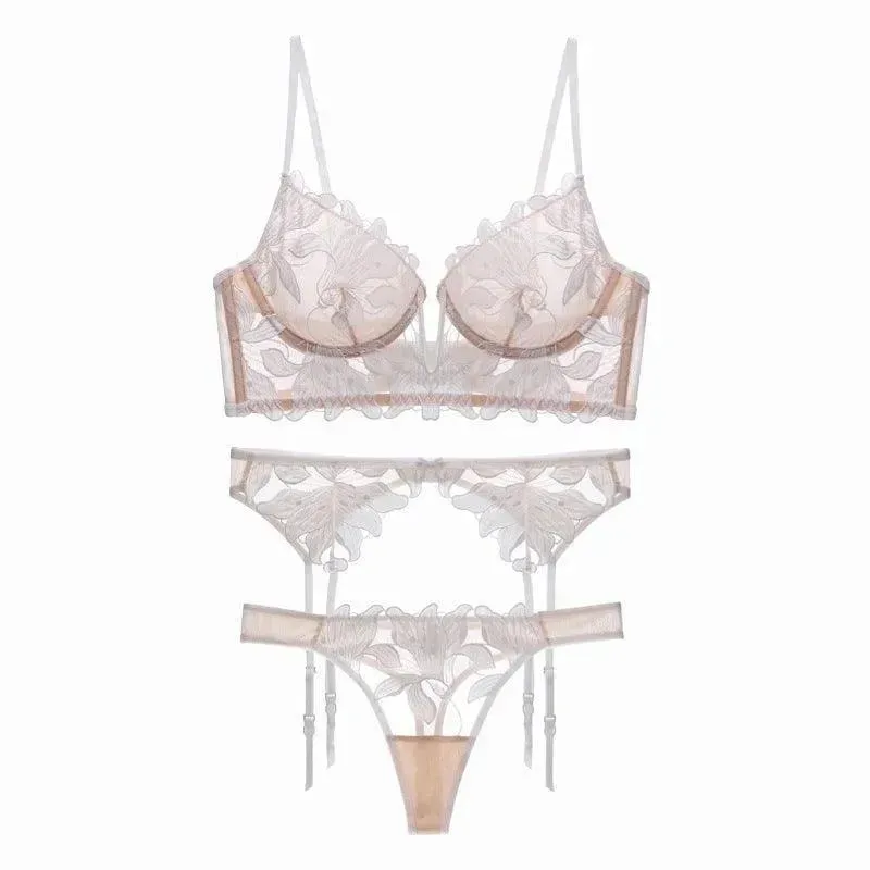 Gauze Embroidered Garter Lingerie Set