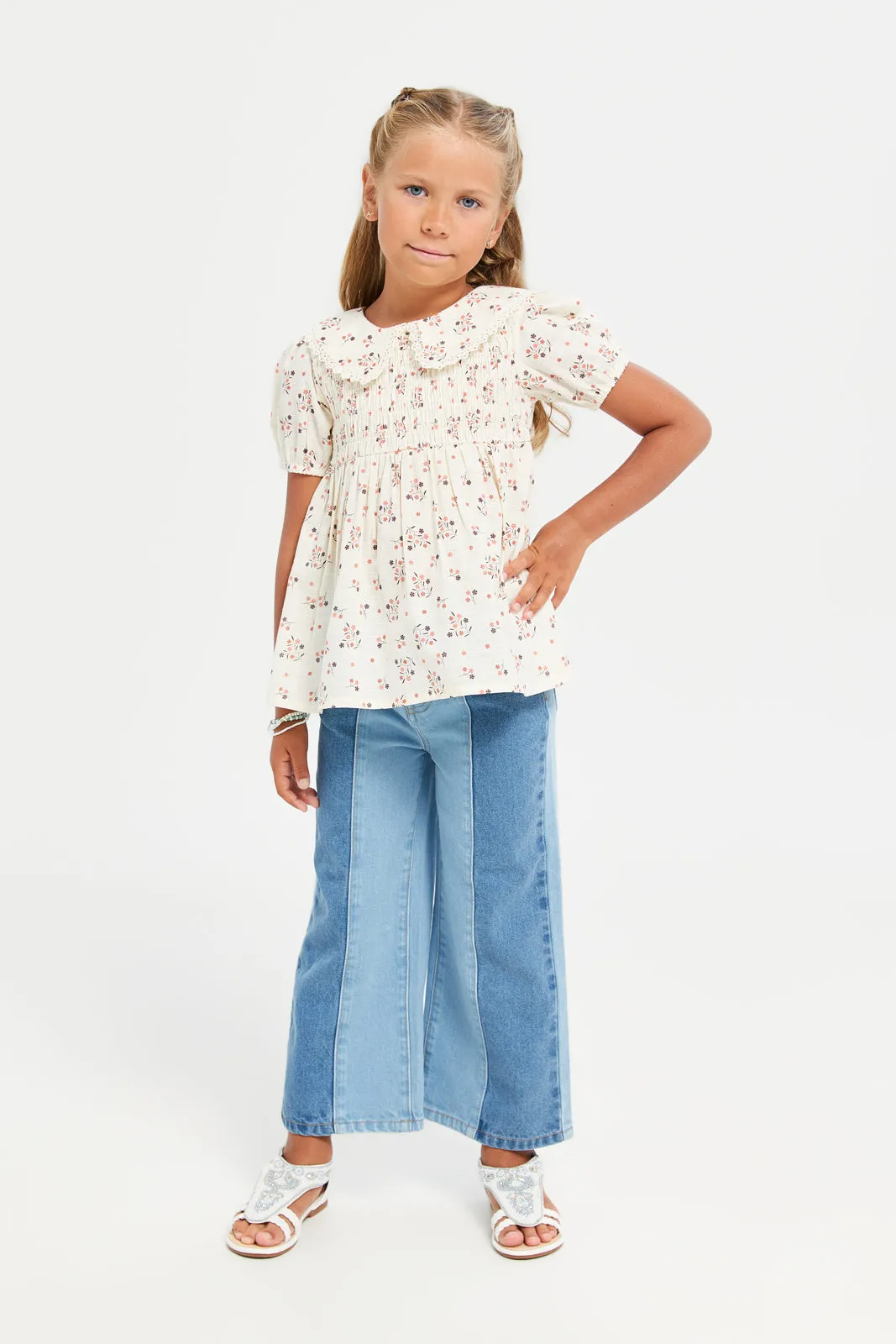 Girls Beige Floral Collared Blouse