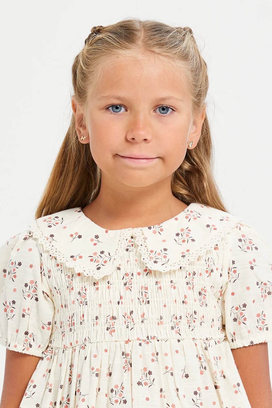 Girls Beige Floral Collared Blouse