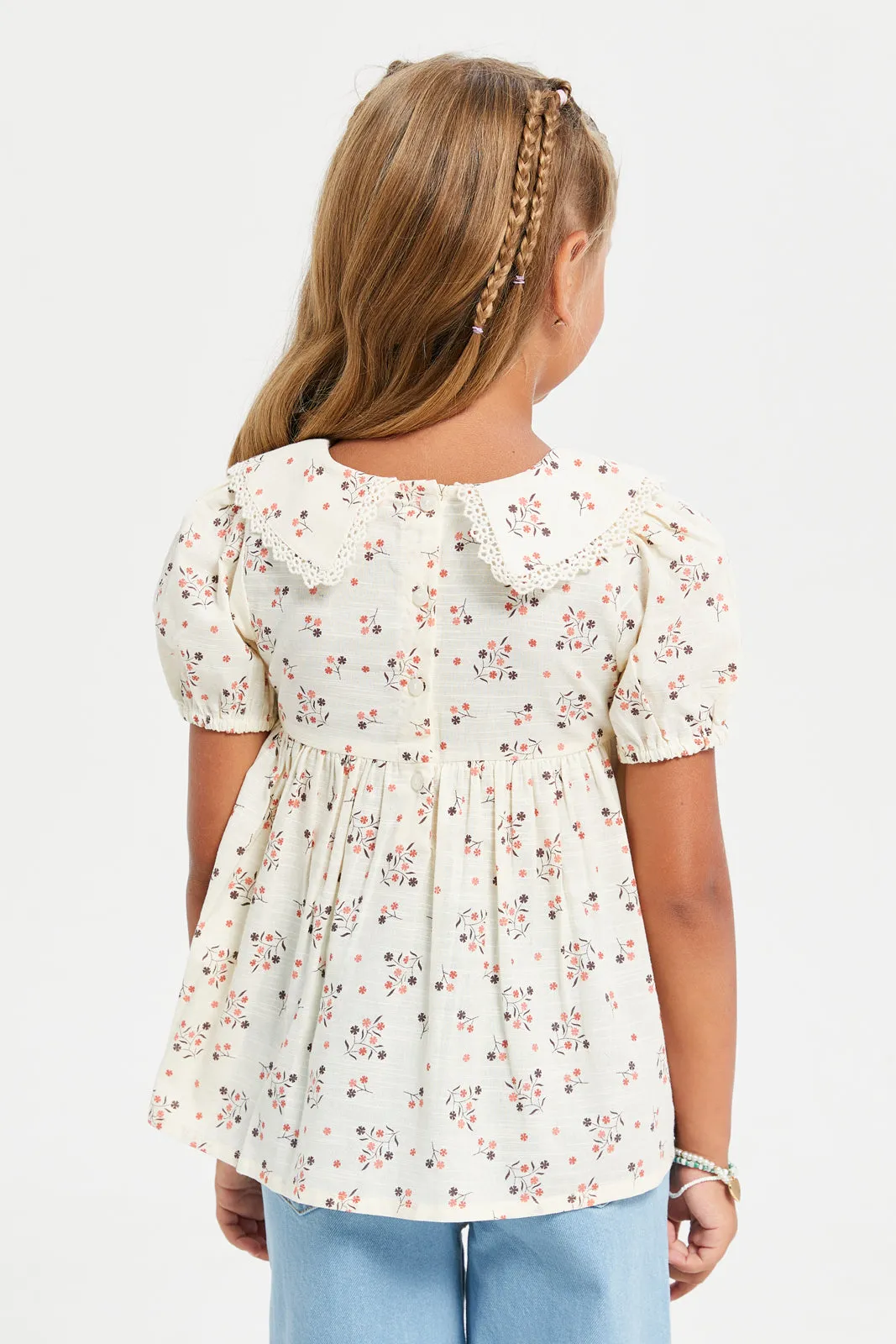 Girls Beige Floral Collared Blouse