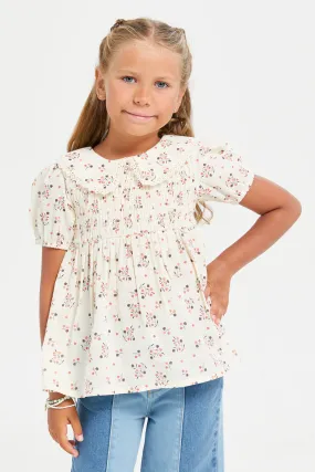 Girls Beige Floral Collared Blouse