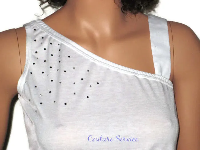 Handmade, White, One Strap, Rhinestone, Summer Tank Top