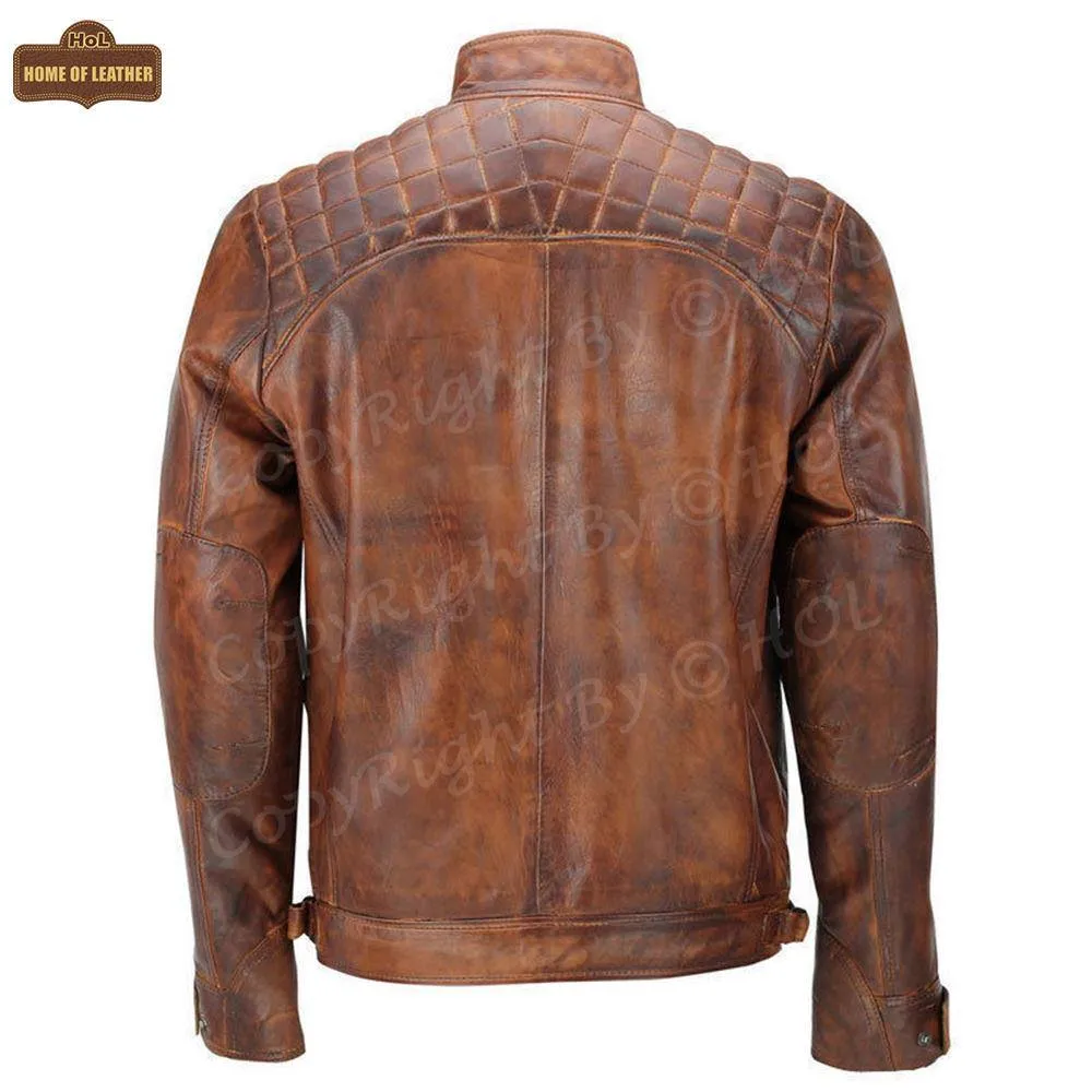 HoL M005 Men's Biker Quilted Brown Vintage Distressed Motorcycle Jacket