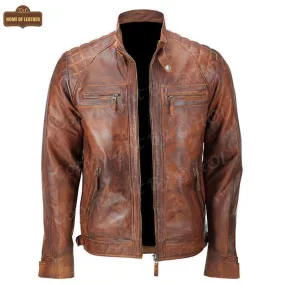 HoL M005 Men's Biker Quilted Brown Vintage Distressed Motorcycle Jacket
