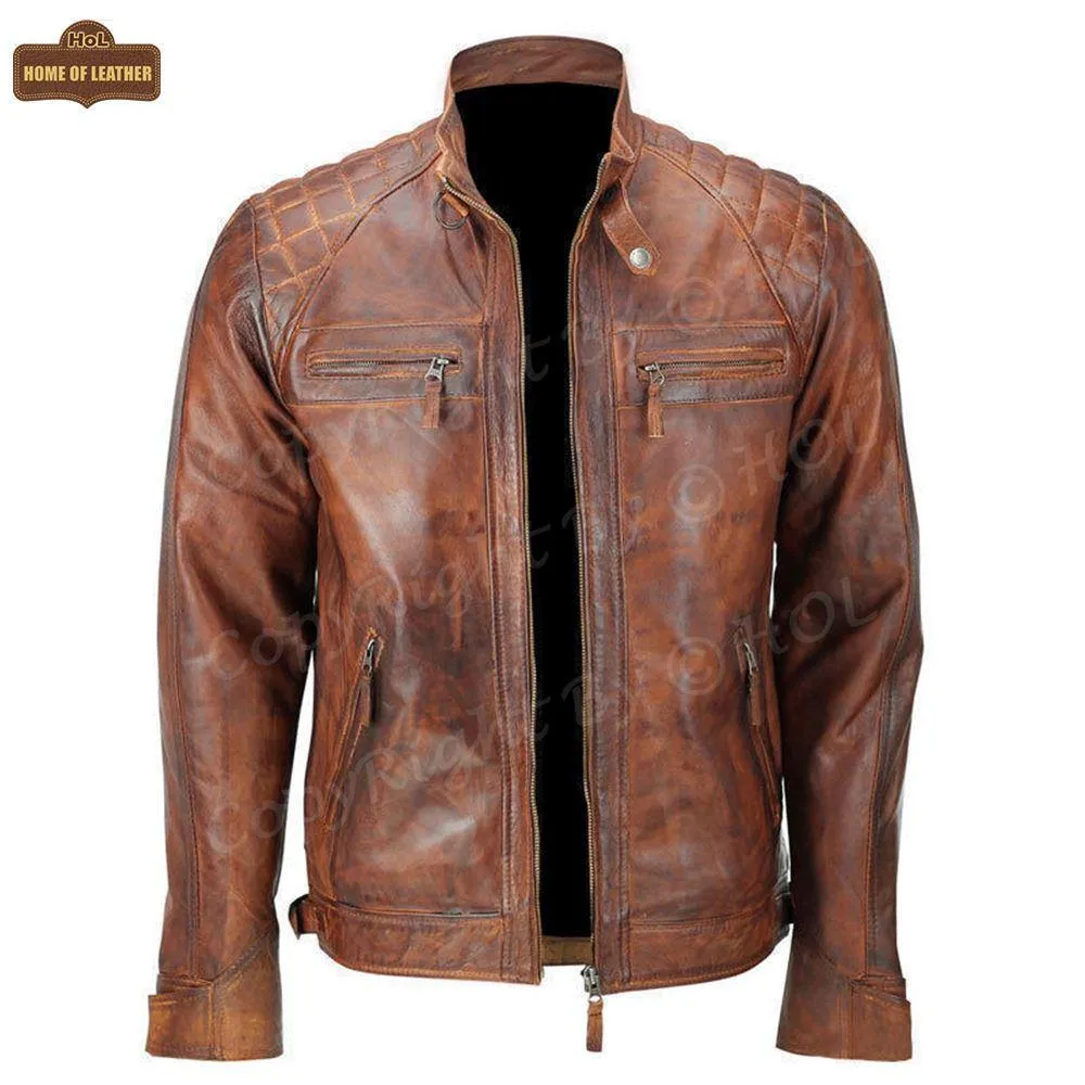 HoL M005 Men's Biker Quilted Brown Vintage Distressed Motorcycle Jacket