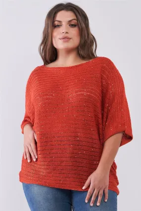 Junior Plus Size Dark Coral Sequin Sheer Knit Bateau Neck Drop Shoulder Loose Fit Top /2-2-2