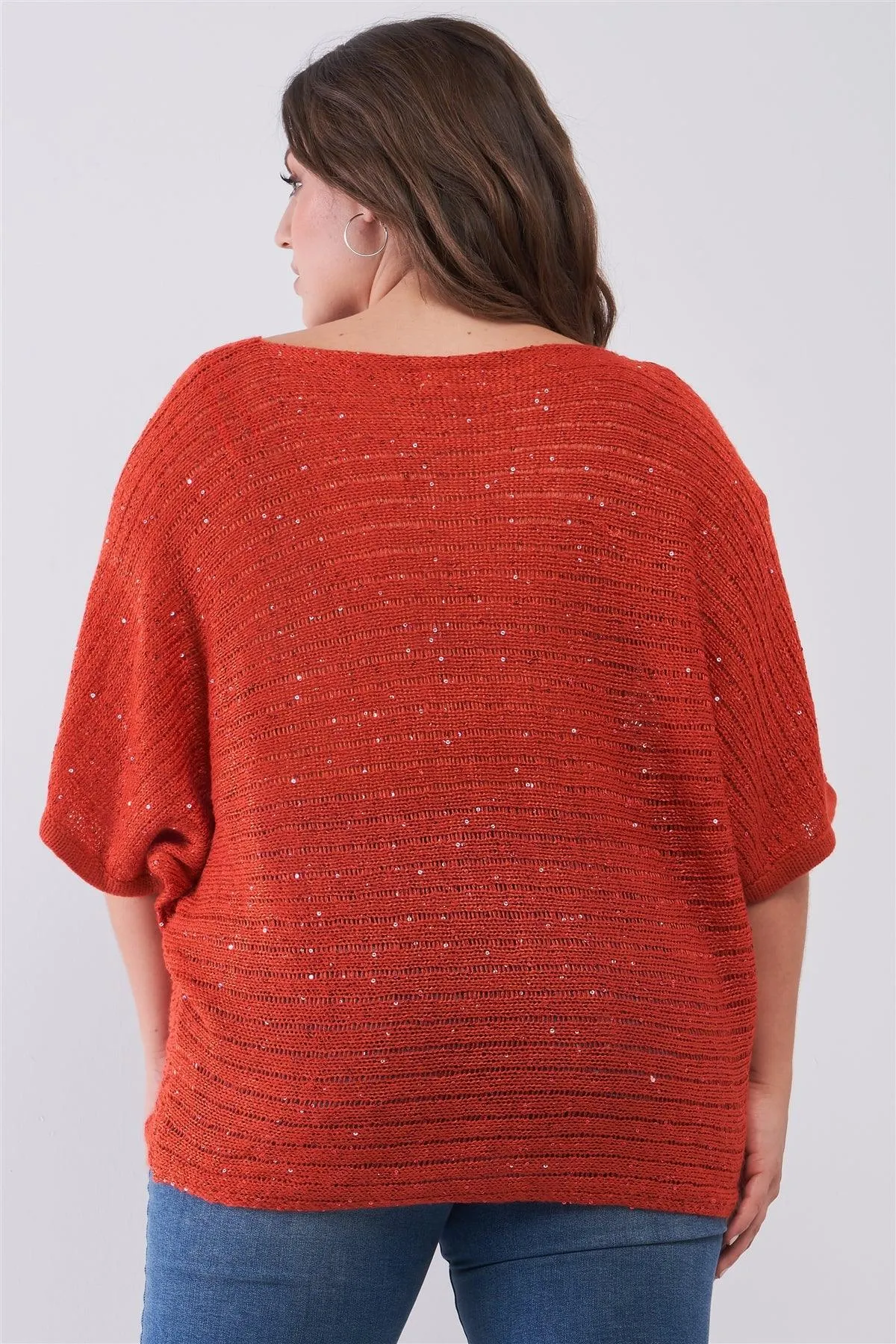 Junior Plus Size Dark Coral Sequin Sheer Knit Bateau Neck Drop Shoulder Loose Fit Top /2-2-2