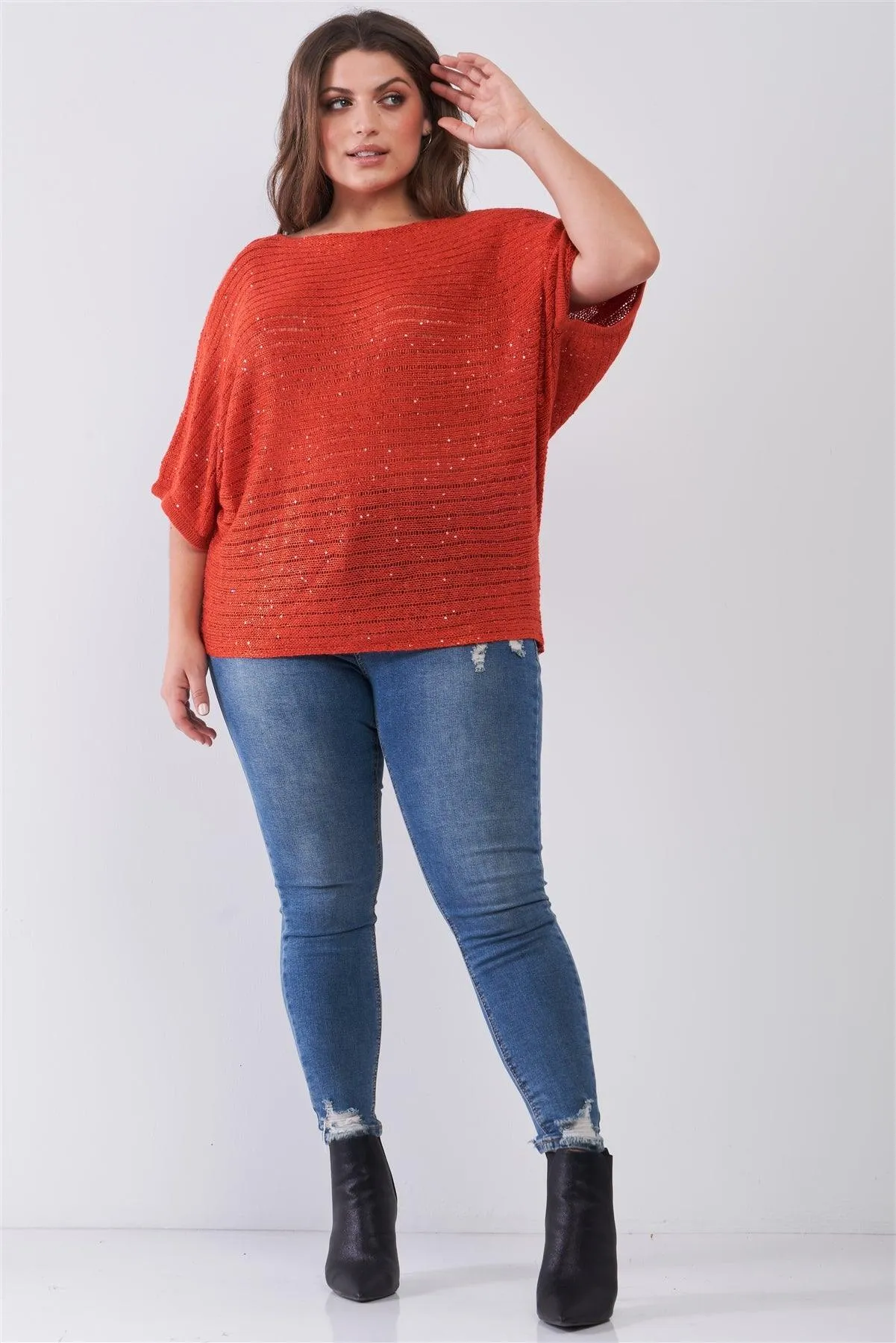 Junior Plus Size Dark Coral Sequin Sheer Knit Bateau Neck Drop Shoulder Loose Fit Top /2-2-2