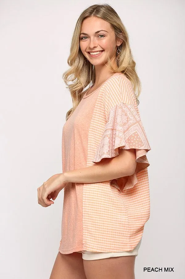 Knit and Bandana Print Mixed Top (Peach Mix)