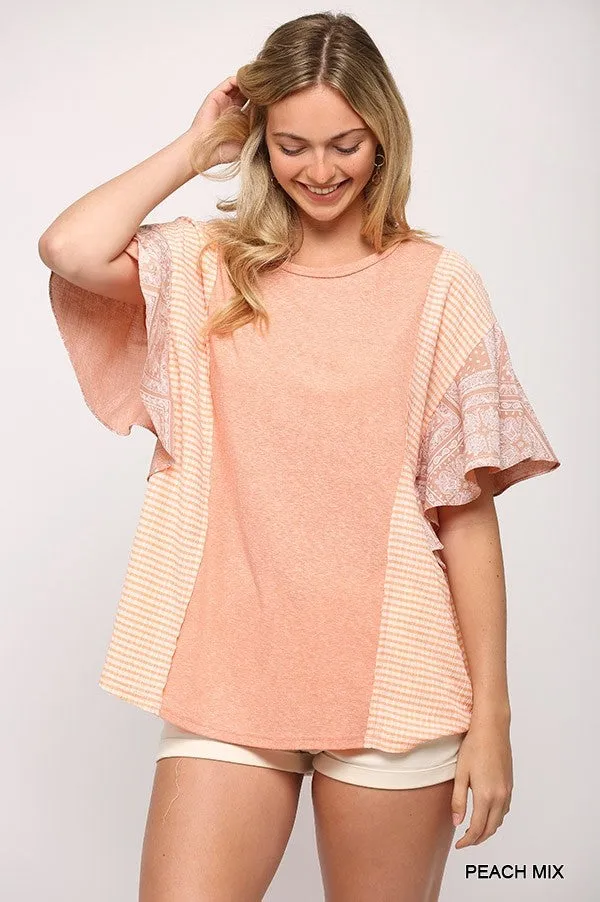 Knit and Bandana Print Mixed Top (Peach Mix)