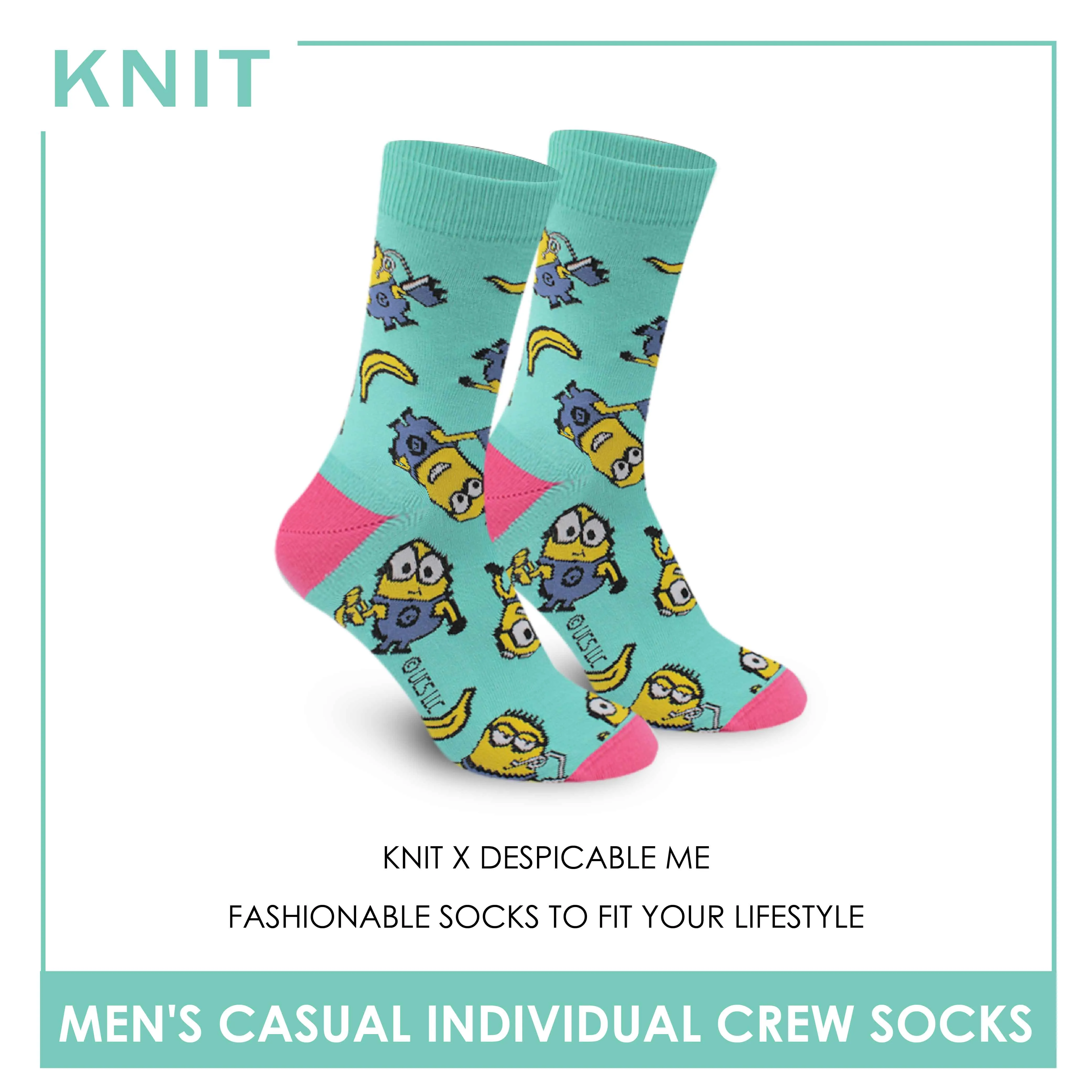 Knit Men's Minions Cotton Light Performance Crew Socks 1 Pair KMDM1401