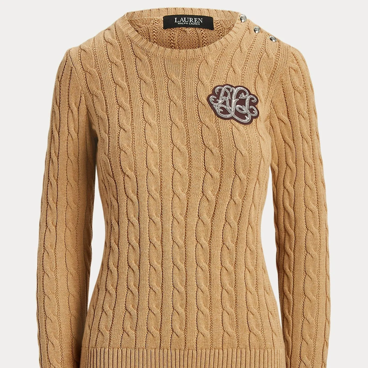 Lauren Ralph Lauren Button-Trim Tan Cable-Knit Jumper