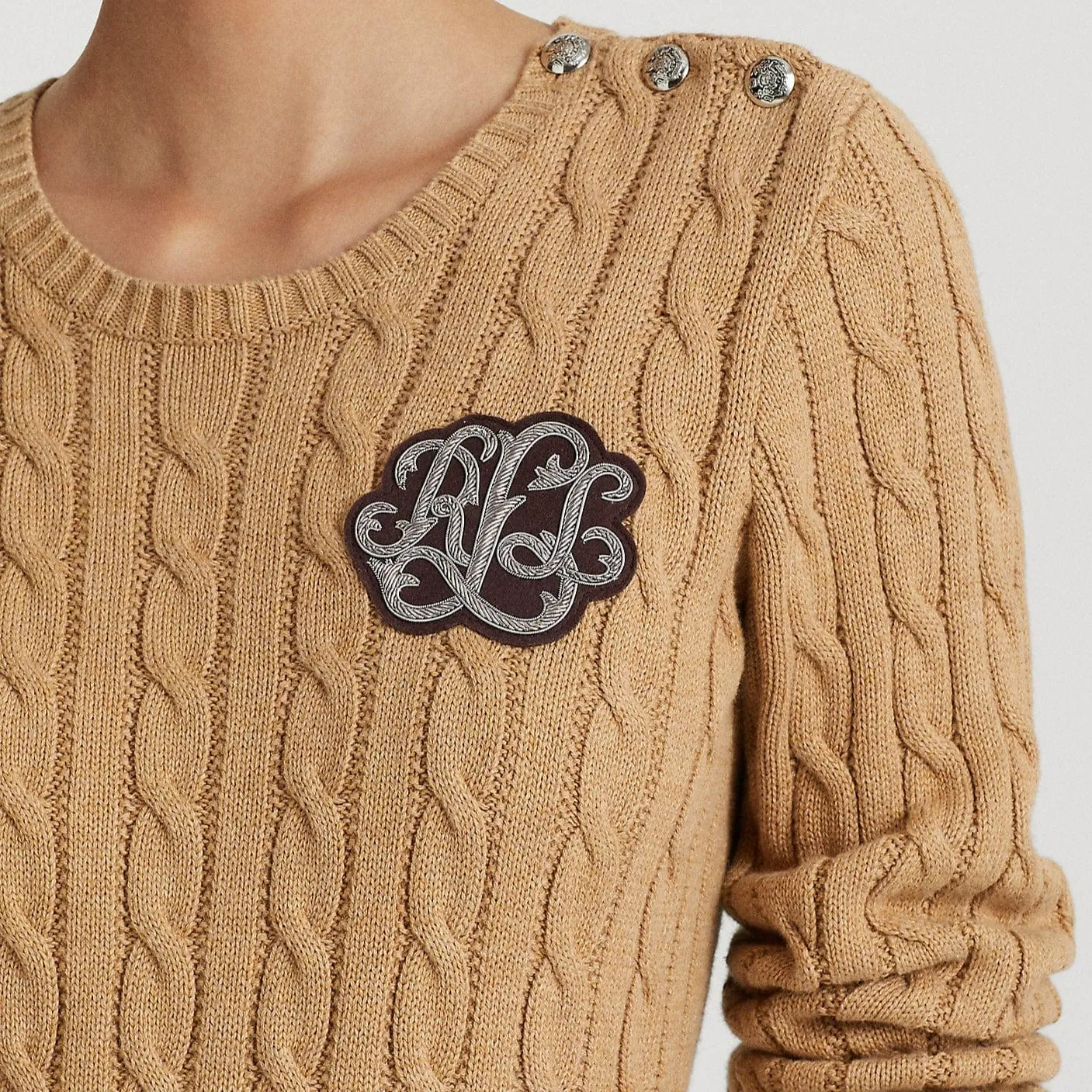 Lauren Ralph Lauren Button-Trim Tan Cable-Knit Jumper