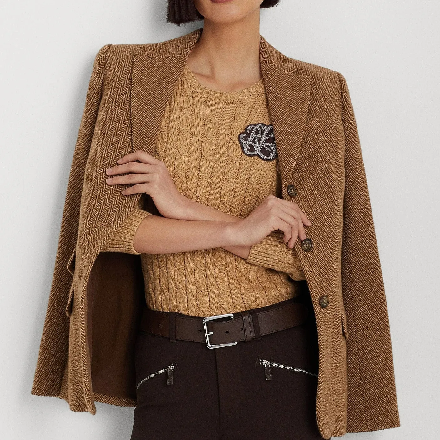 Lauren Ralph Lauren Button-Trim Tan Cable-Knit Jumper