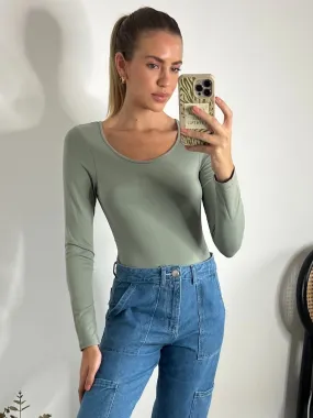 Long Sleeve Round Neck Bodysuit / Khaki