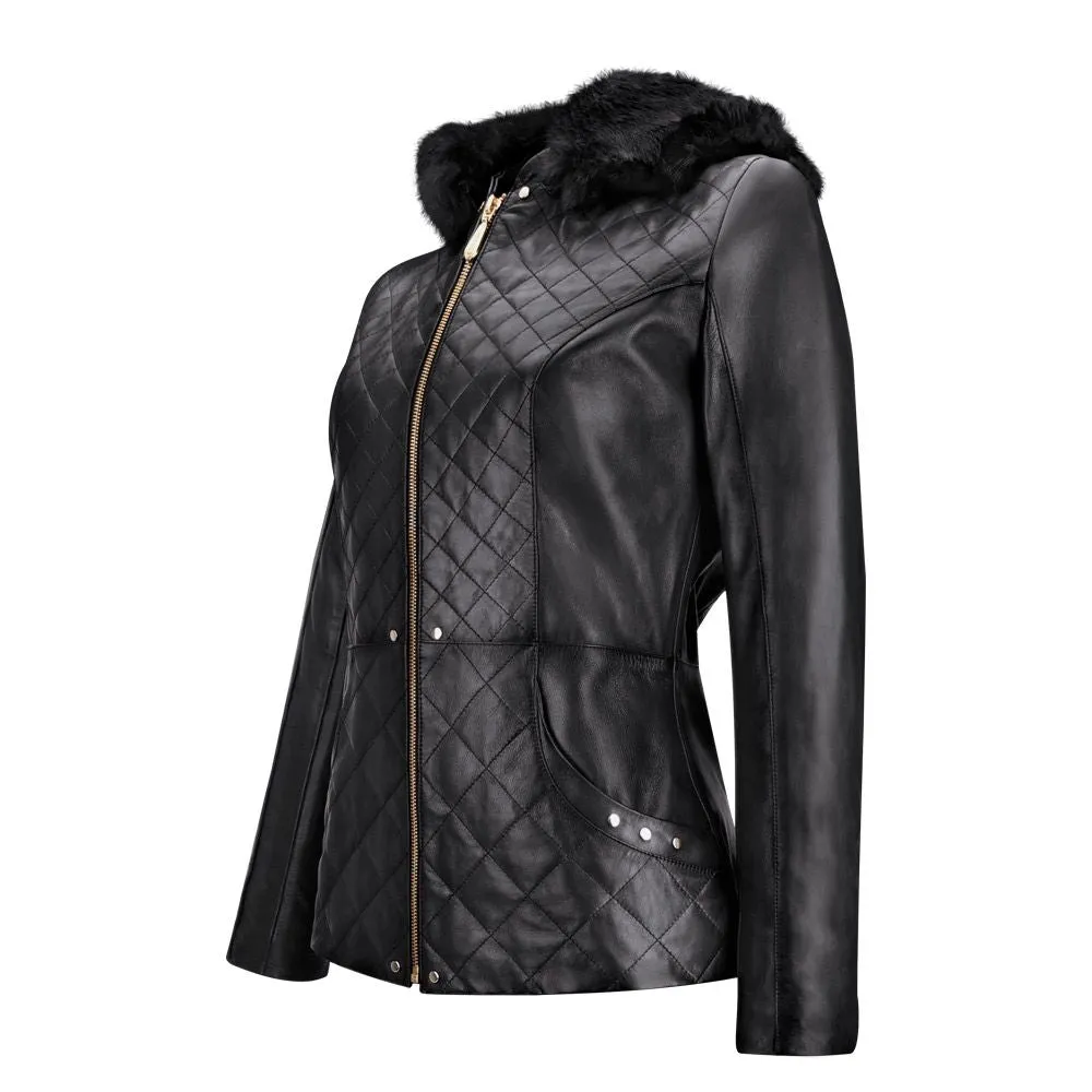 M259COC - Cuadra black fashion sheepskin quilted parka jacket for women