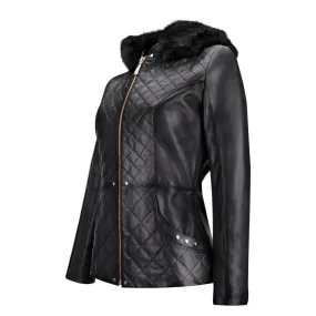 M259COC - Cuadra black fashion sheepskin quilted parka jacket for women