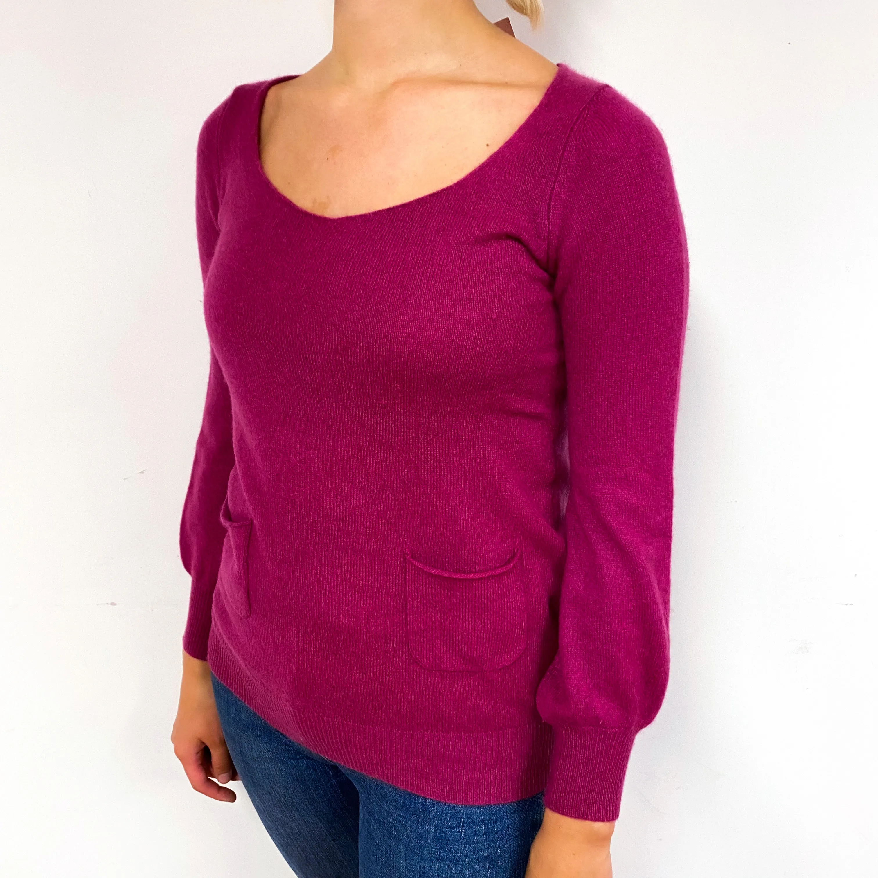 Magenta Pink Pom Pom Tie Cashmere Crew Neck Jumper Small