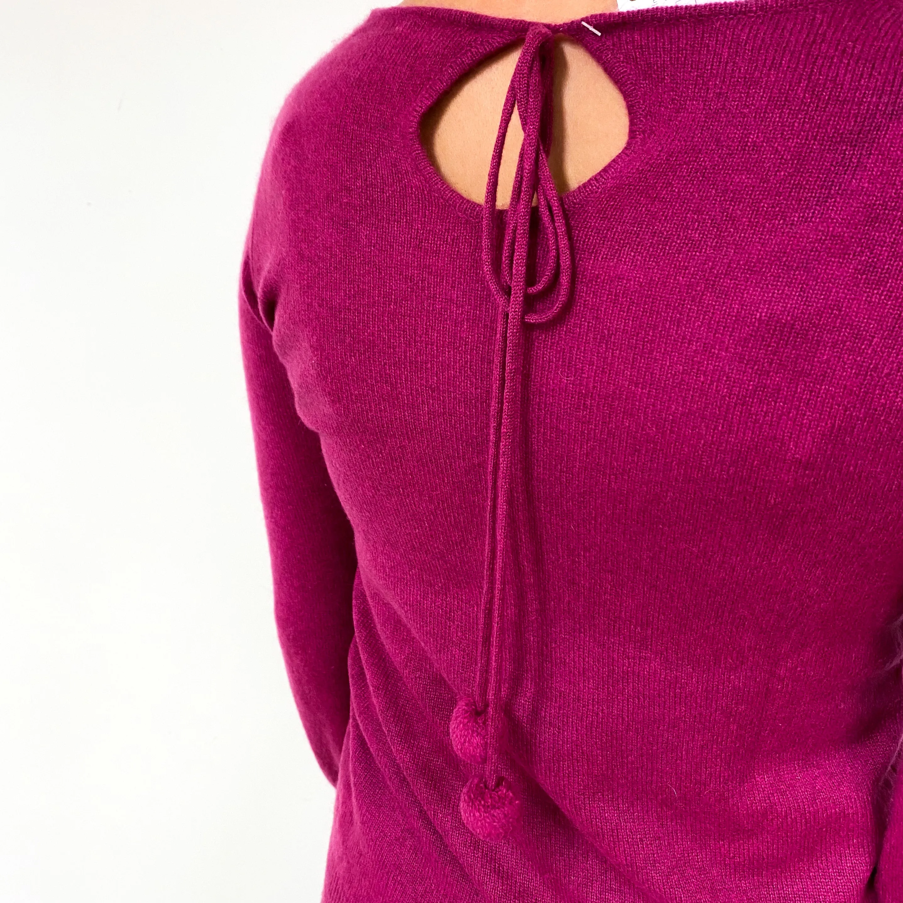 Magenta Pink Pom Pom Tie Cashmere Crew Neck Jumper Small