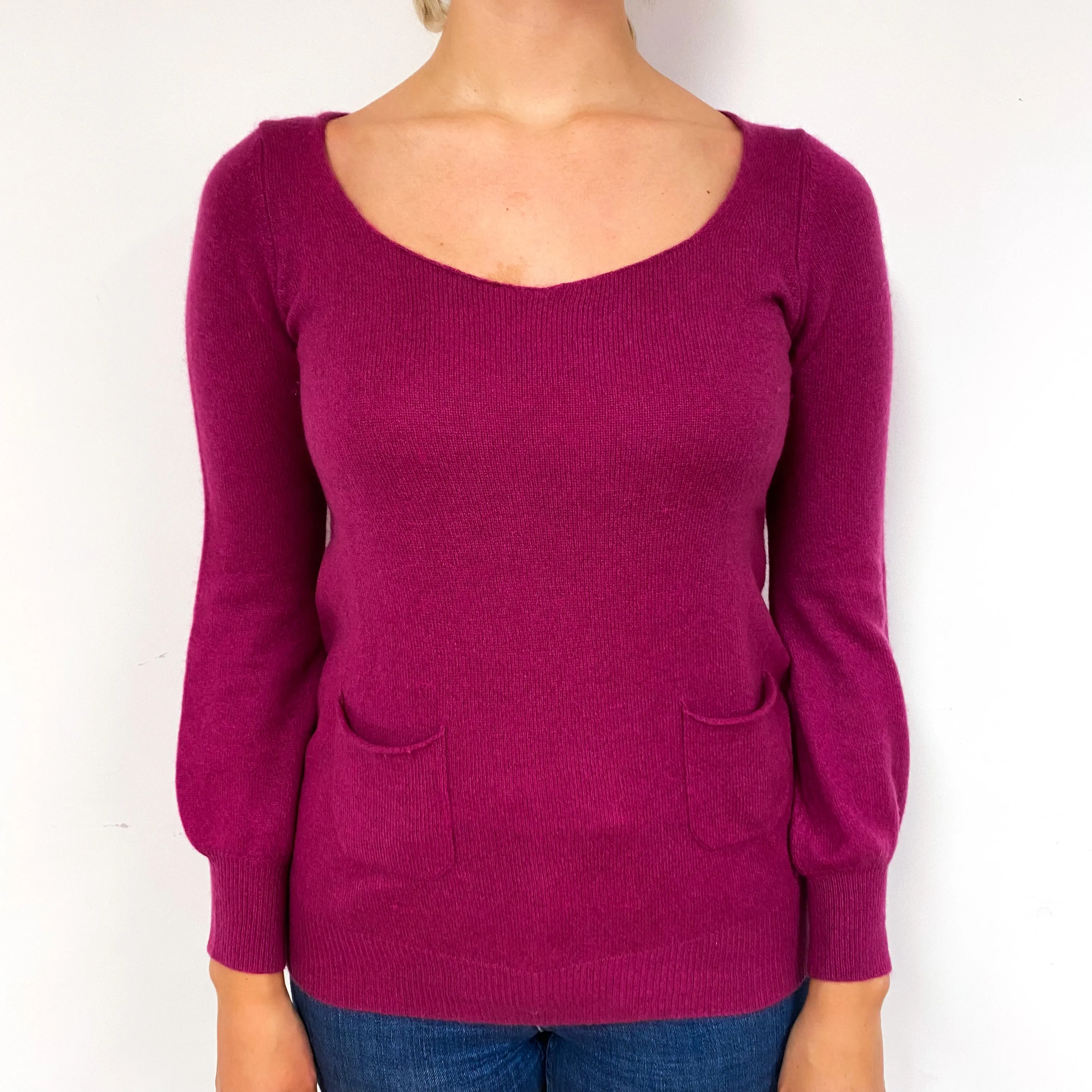 Magenta Pink Pom Pom Tie Cashmere Crew Neck Jumper Small