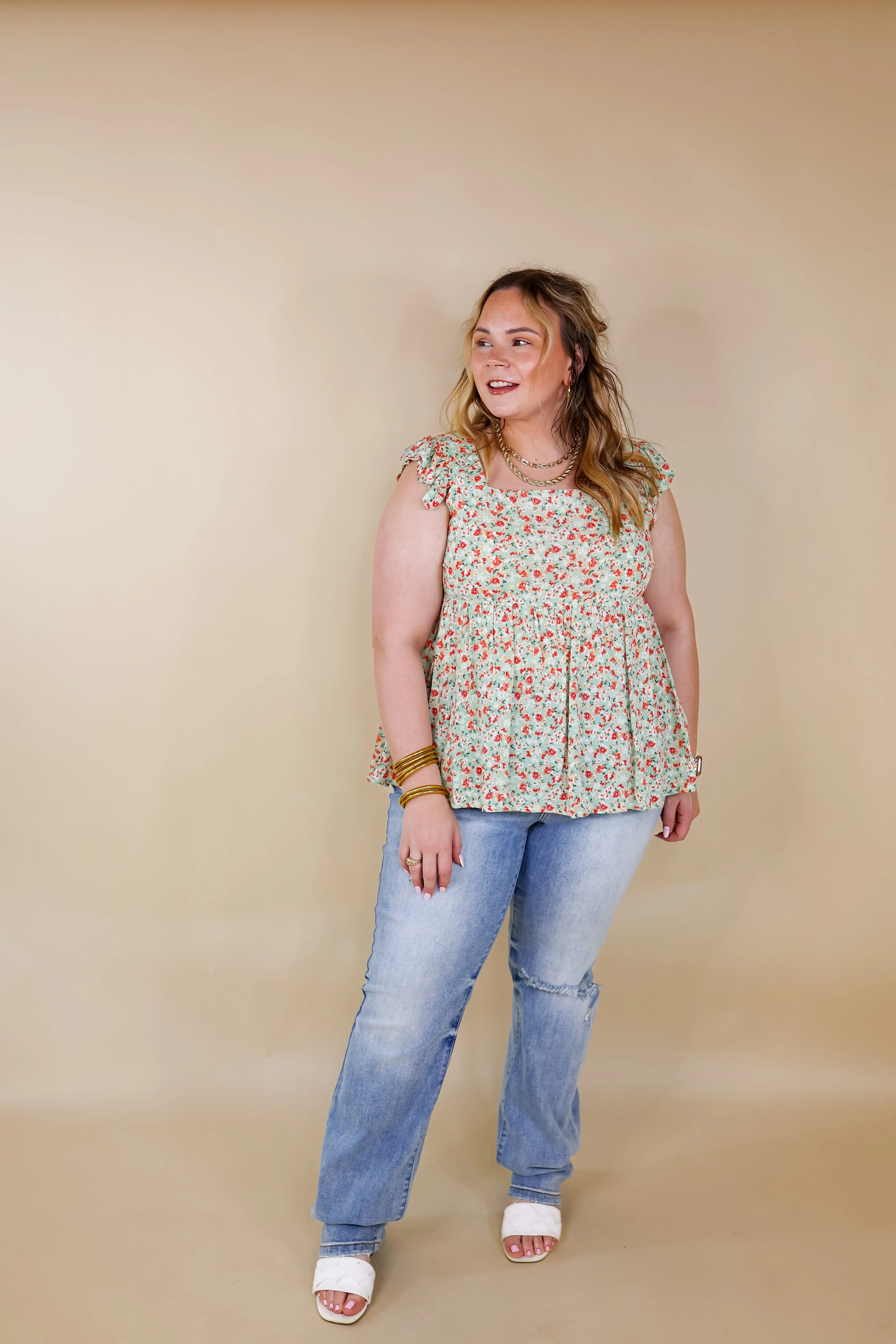 Magic Melody Floral Babydoll Tank Top in Light Sage Green