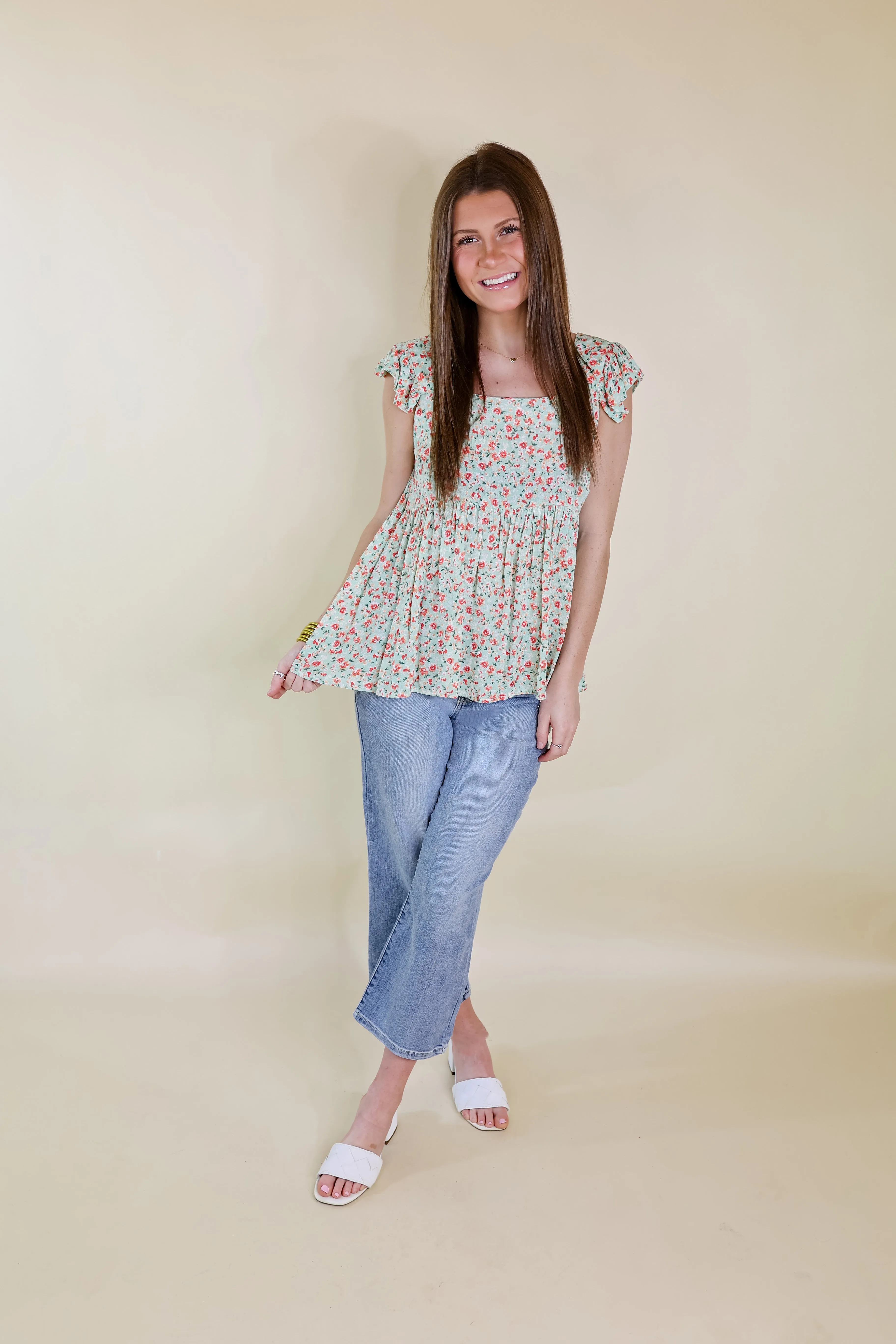 Magic Melody Floral Babydoll Tank Top in Light Sage Green