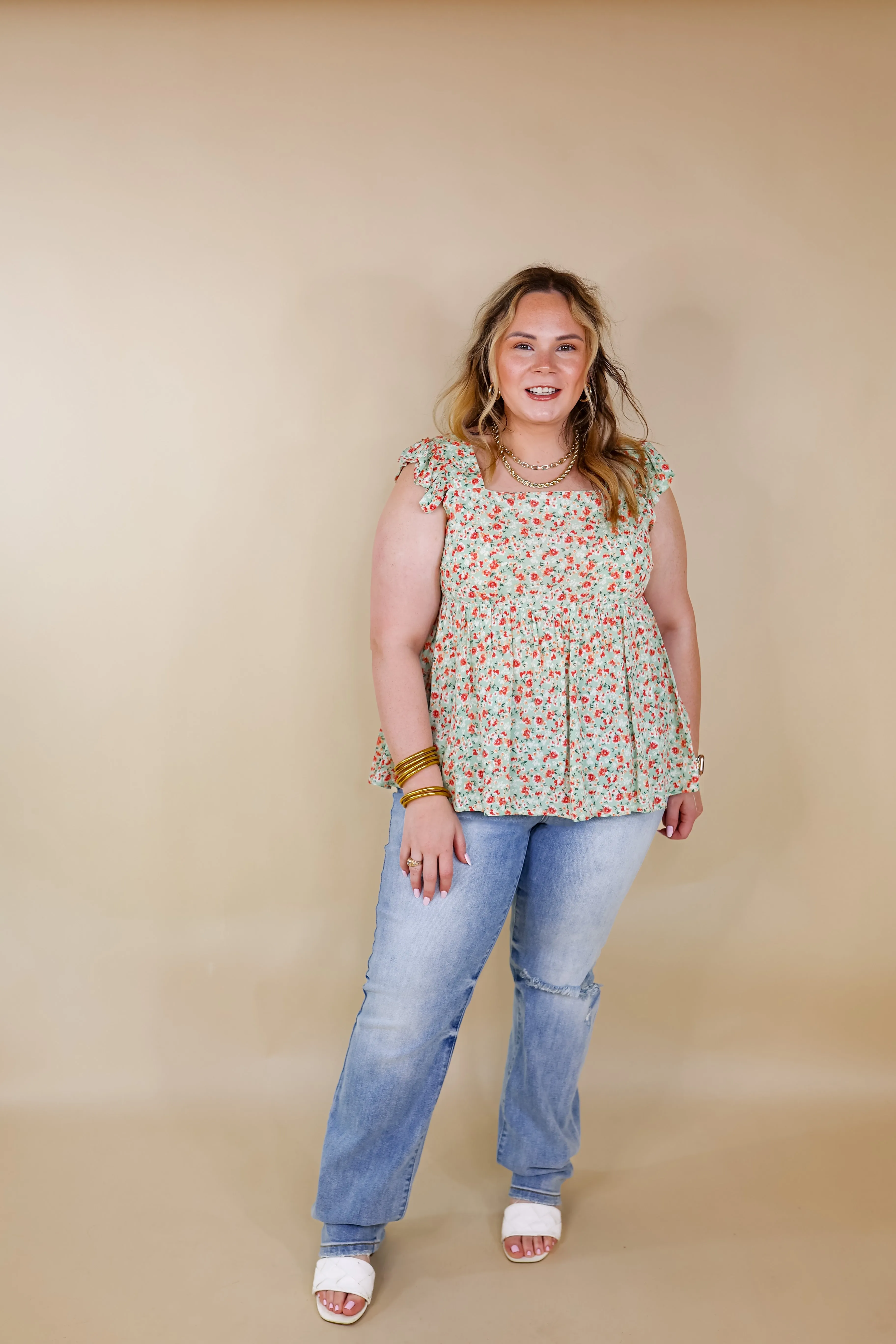 Magic Melody Floral Babydoll Tank Top in Light Sage Green