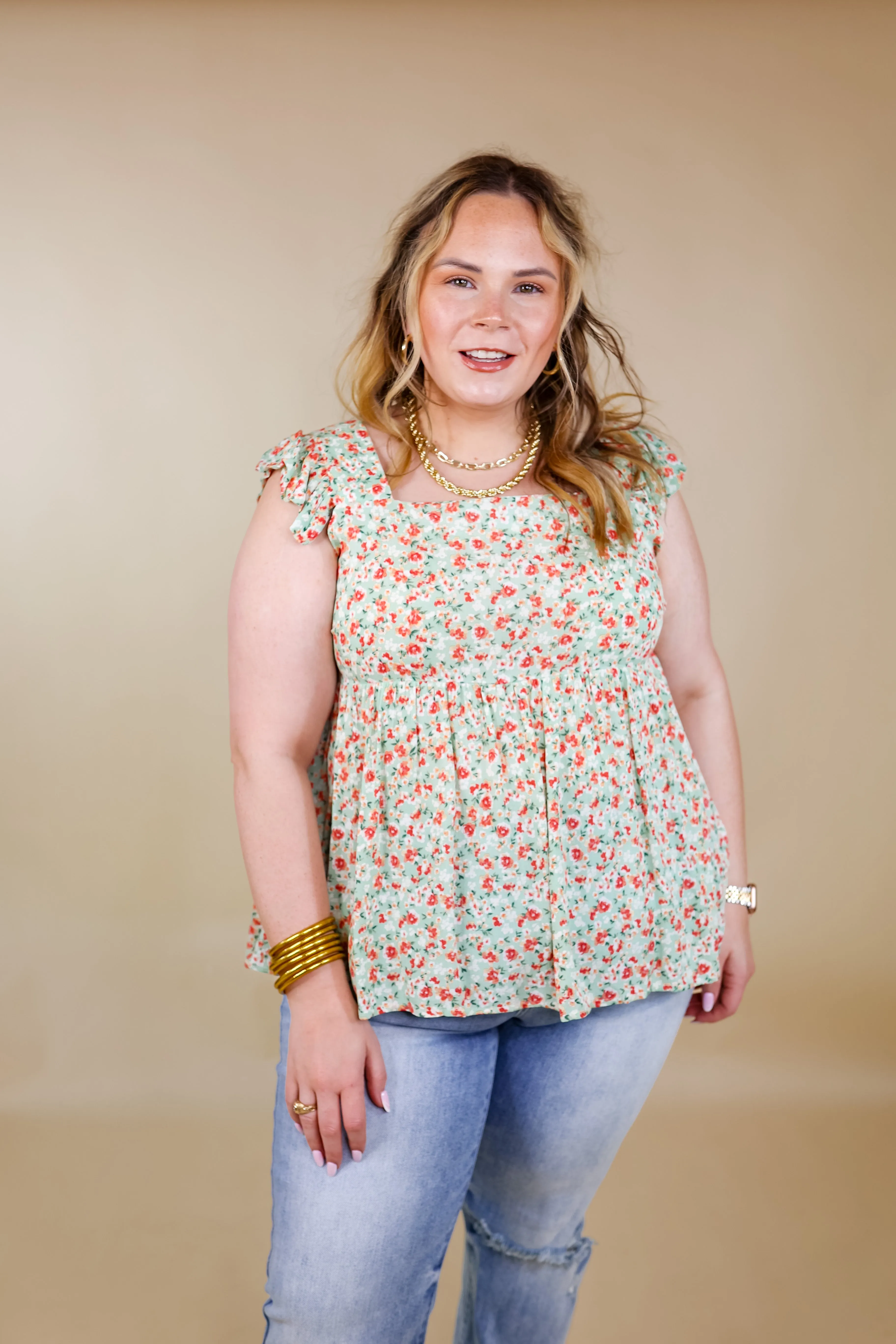 Magic Melody Floral Babydoll Tank Top in Light Sage Green