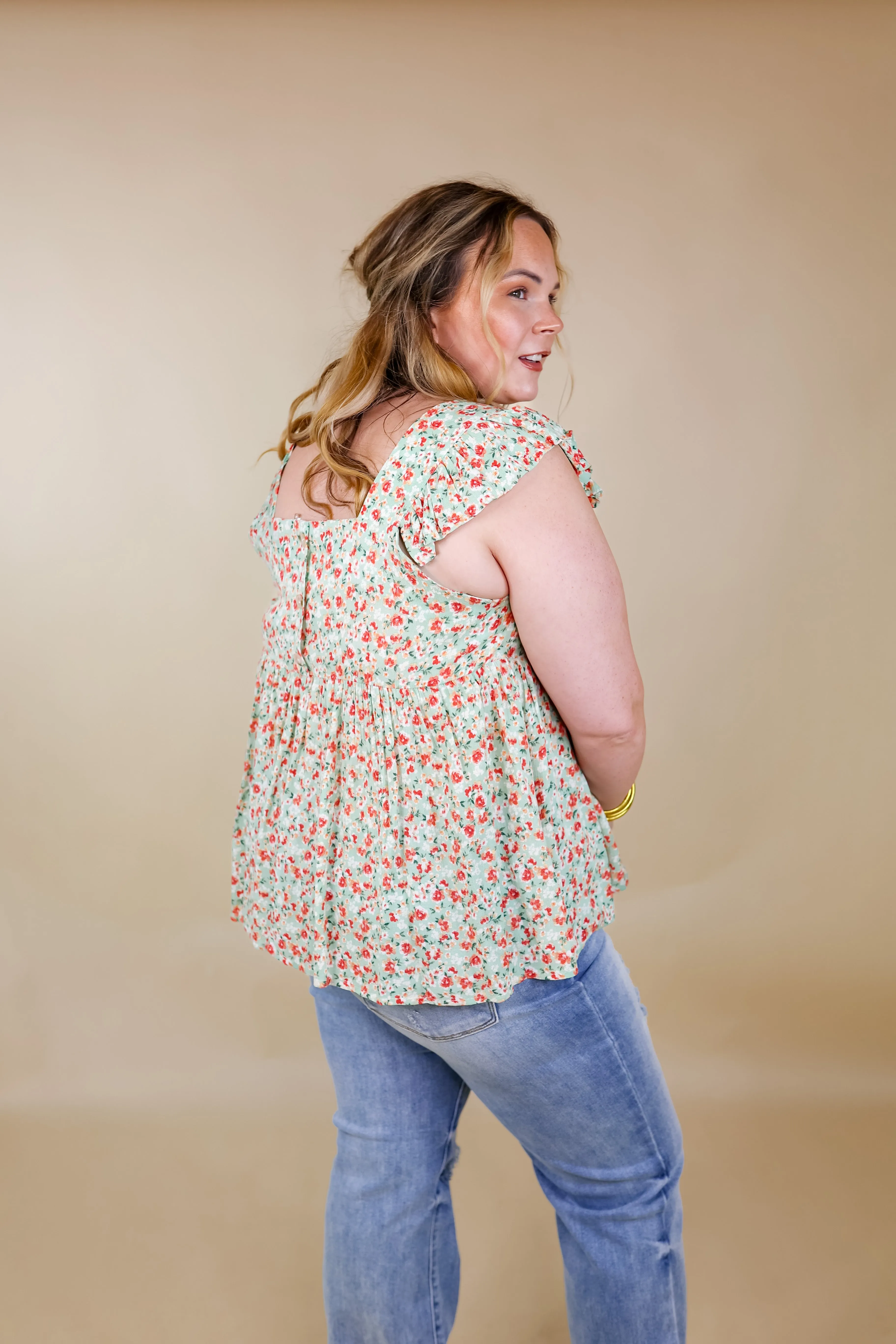 Magic Melody Floral Babydoll Tank Top in Light Sage Green