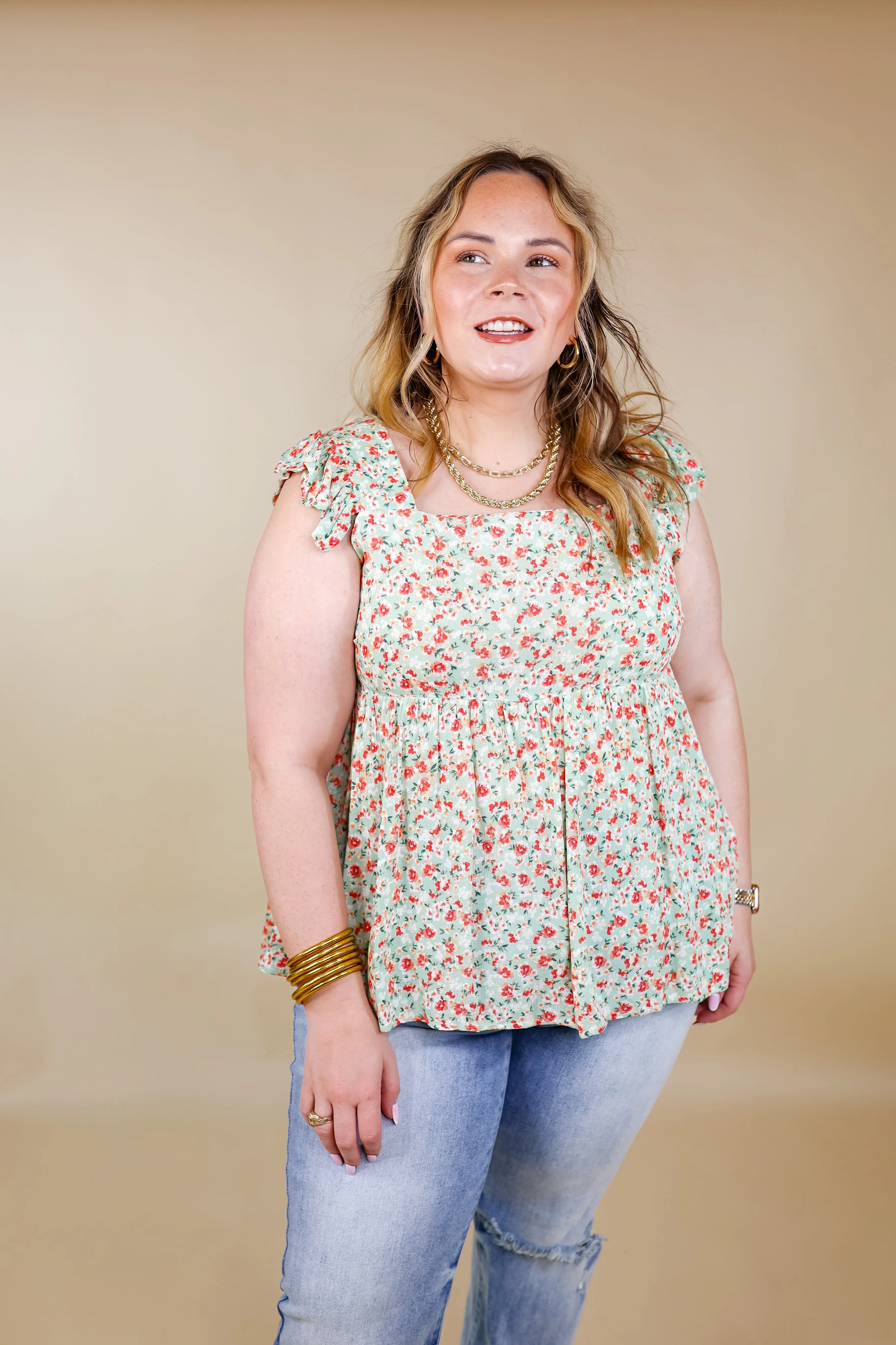 Magic Melody Floral Babydoll Tank Top in Light Sage Green