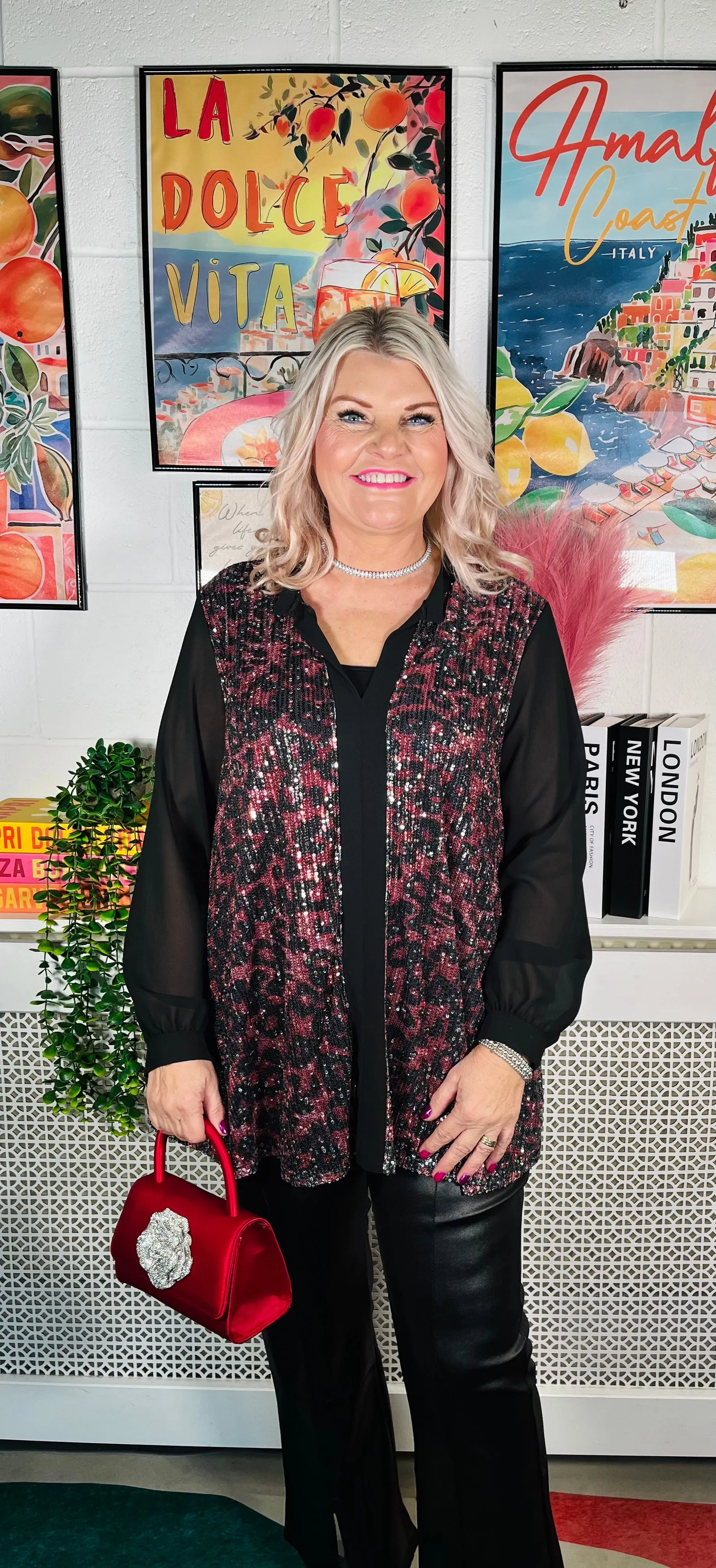 Marsha Sequinned Shirt Top - Red