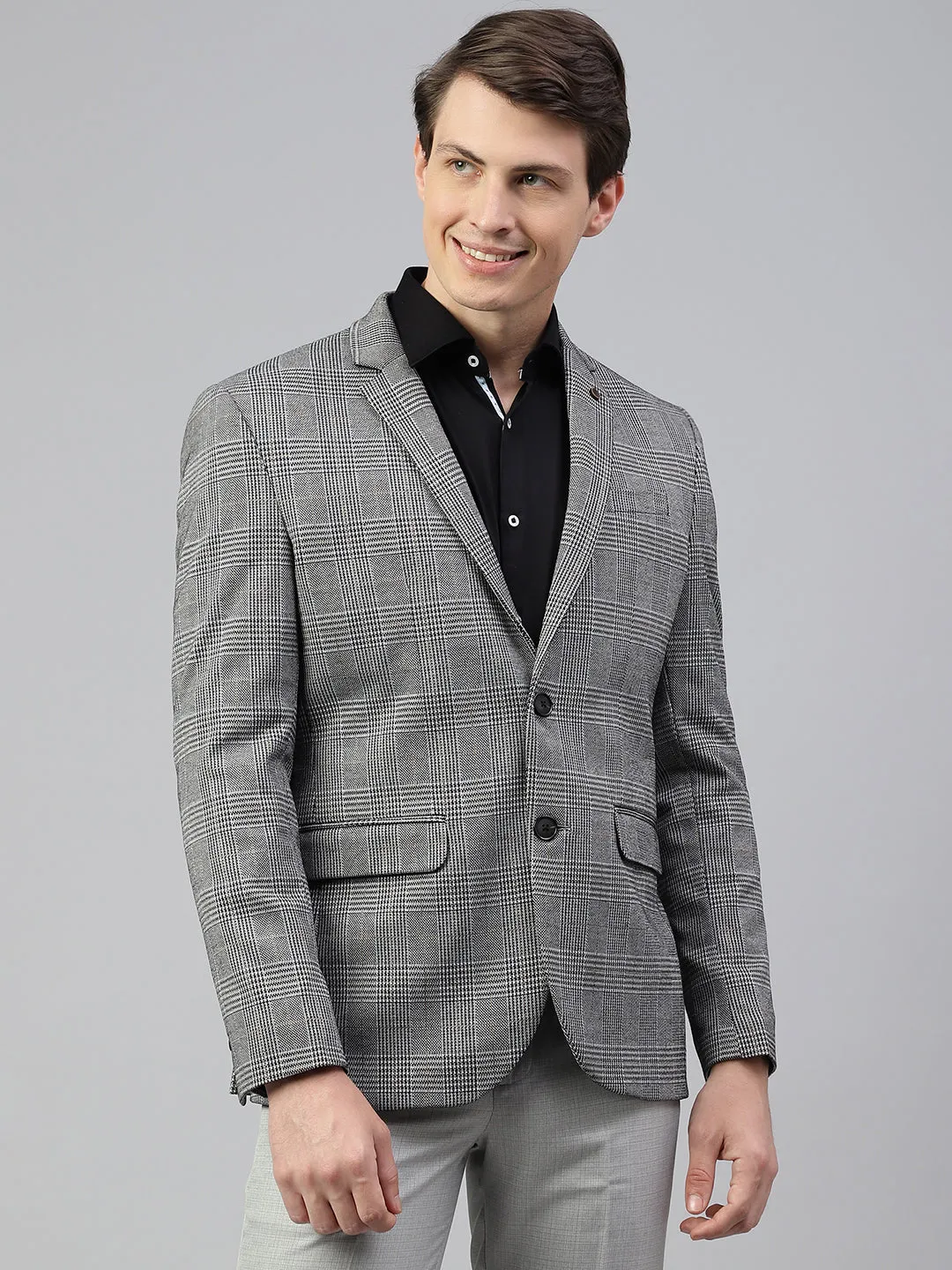 Men Grey Regular Fit Checkered Notched Lapel Casual Blazer