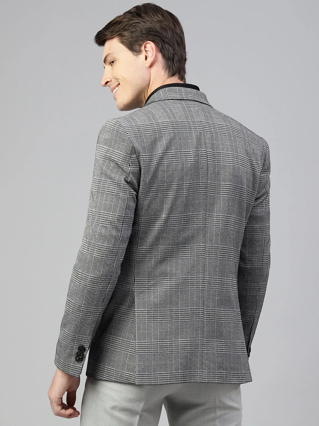 Men Grey Regular Fit Checkered Notched Lapel Casual Blazer