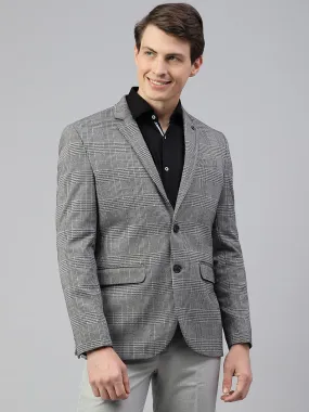 Men Grey Regular Fit Checkered Notched Lapel Casual Blazer