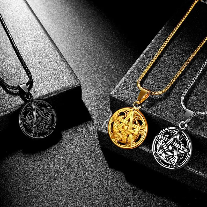 Men Pentagram Necklace Pentacle Wiccan Pagan Crescent Moon Irish Pendant Jewelry
