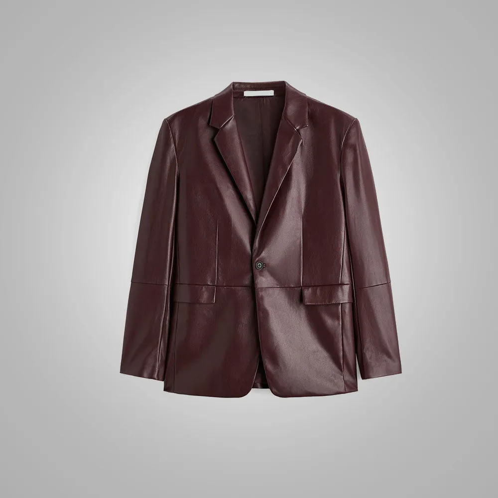Mens Brown Long Sleeves Leather Blazer