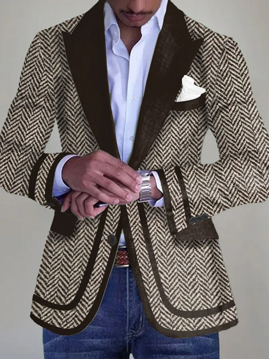 Men's Retro Herringbone Print Single Breasted Casual Blazer