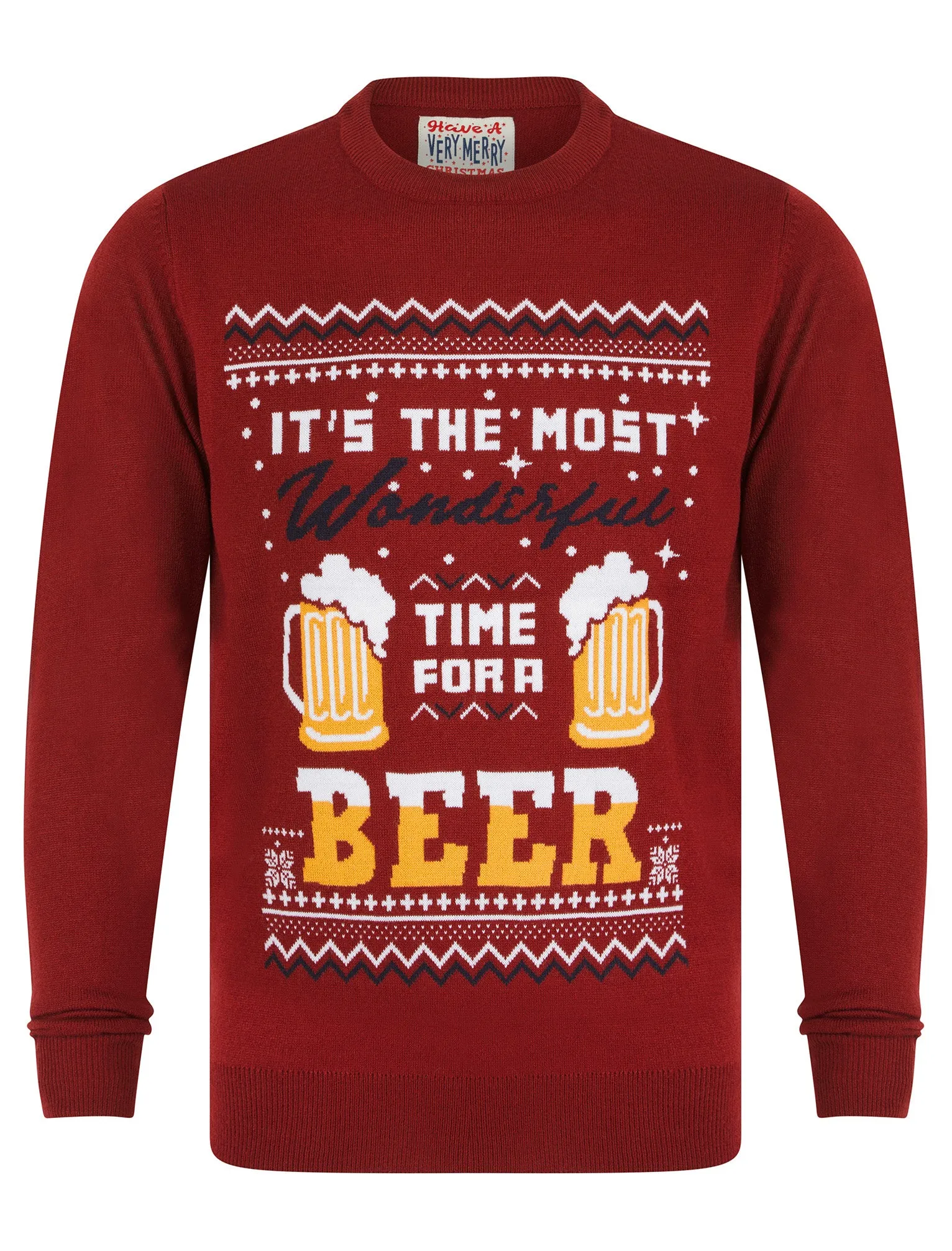 Men's Time For A Beer Novelty Knitted Christmas Jumper in Christmas Red - Merry Christmas