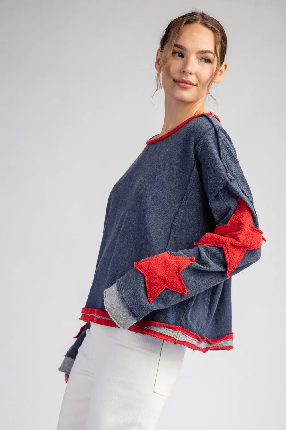 Mineral Washed Star Embroidered Top
