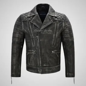 NOLEN Mens Leather Biker Jacket Vintage Black Waxed Leather