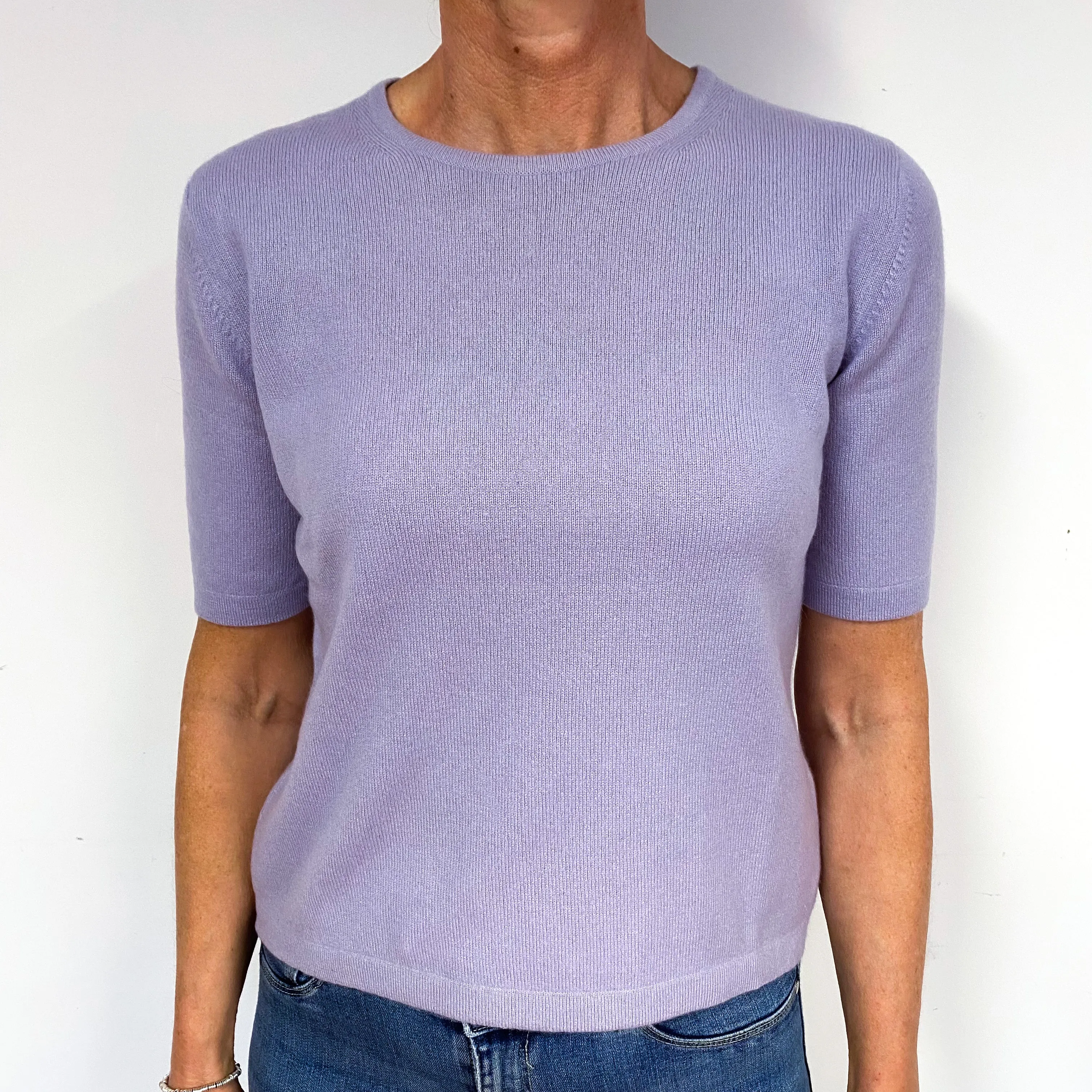 Pale Purple Short Sleeve Cashmere Crew Neck Jumper Medium