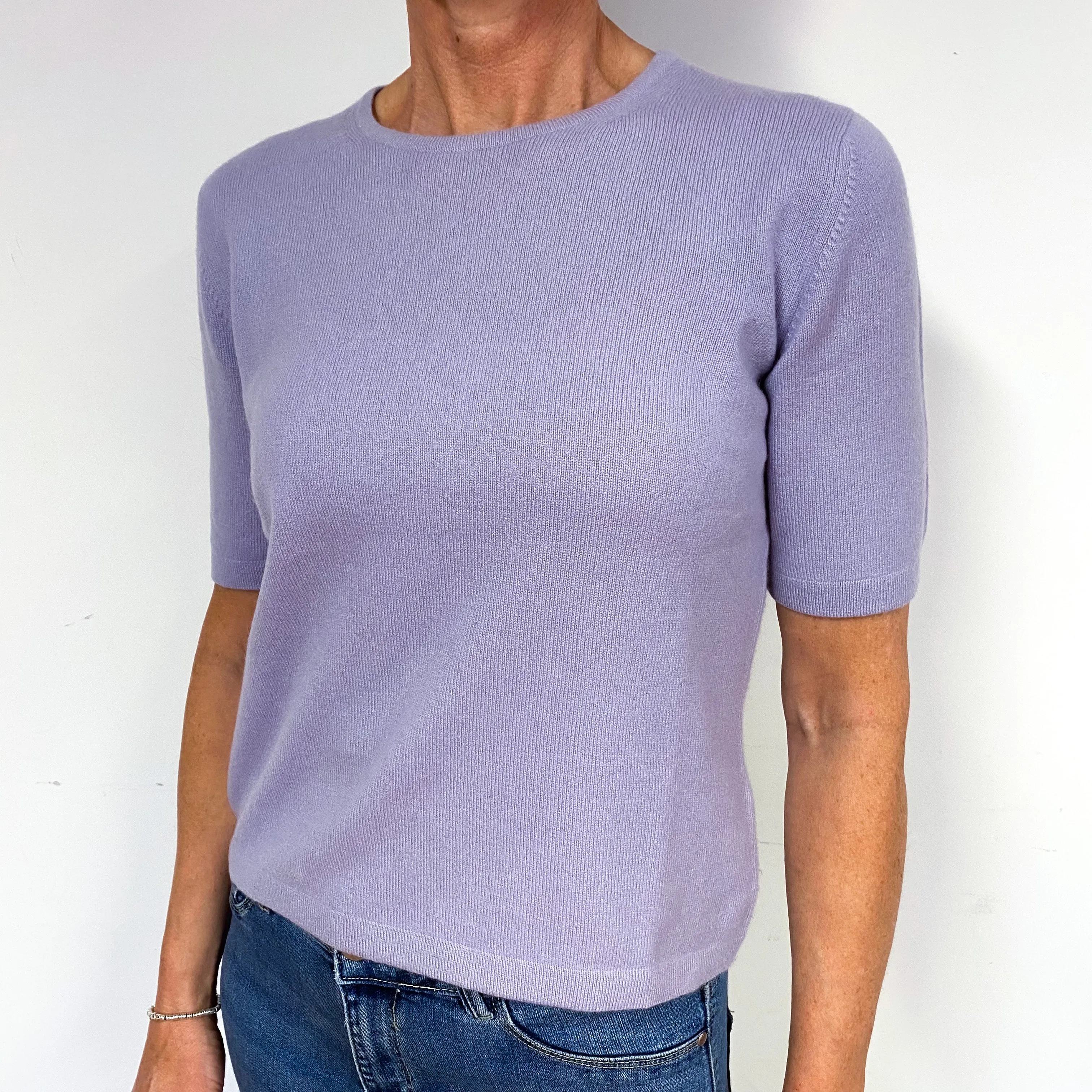 Pale Purple Short Sleeve Cashmere Crew Neck Jumper Medium