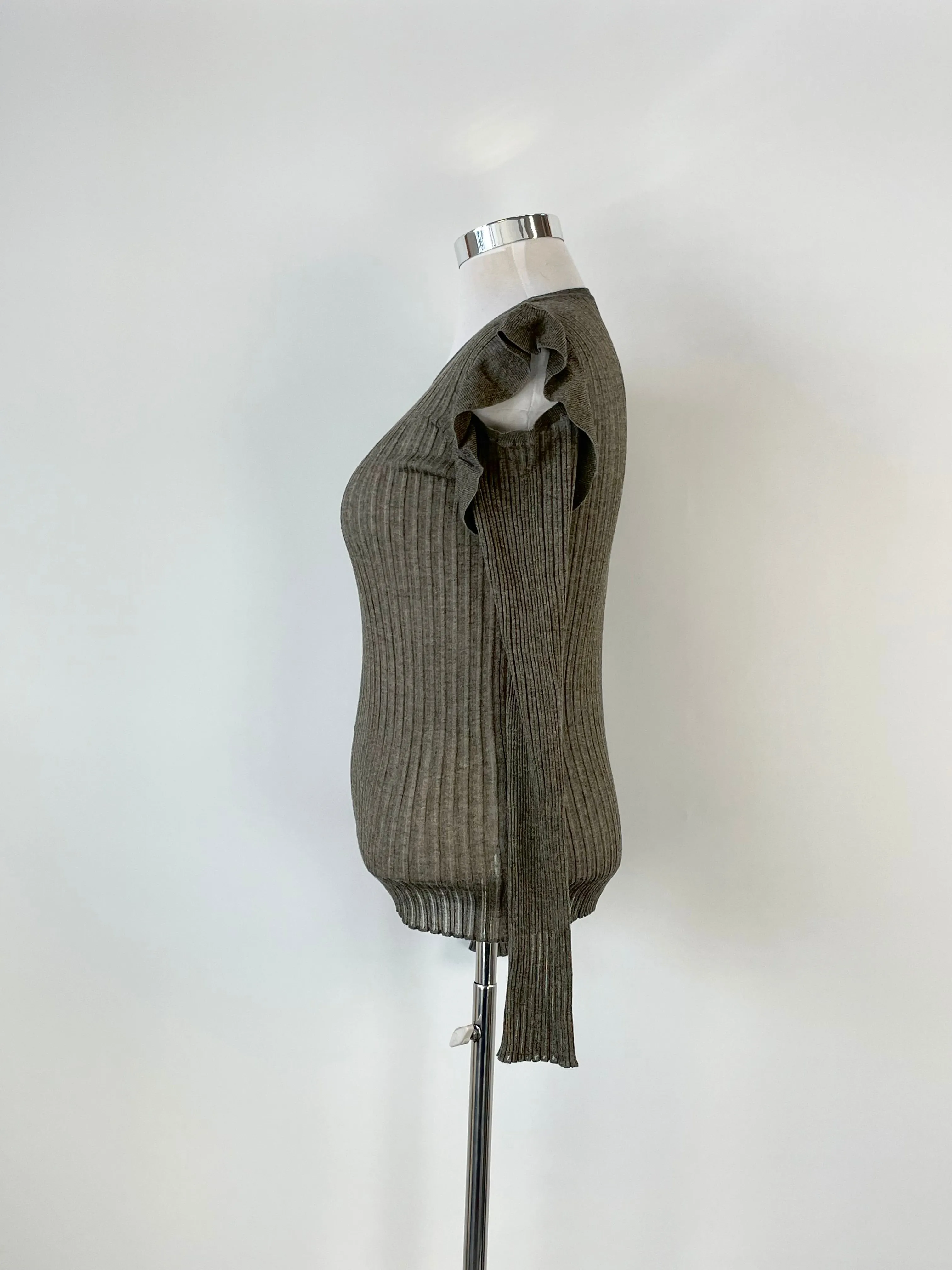 Patrizia Pepe Taupe Sheer Rib-Knit Open Shoulder Top - AU12/14