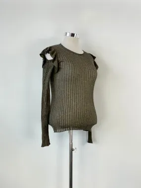 Patrizia Pepe Taupe Sheer Rib-Knit Open Shoulder Top - AU12/14
