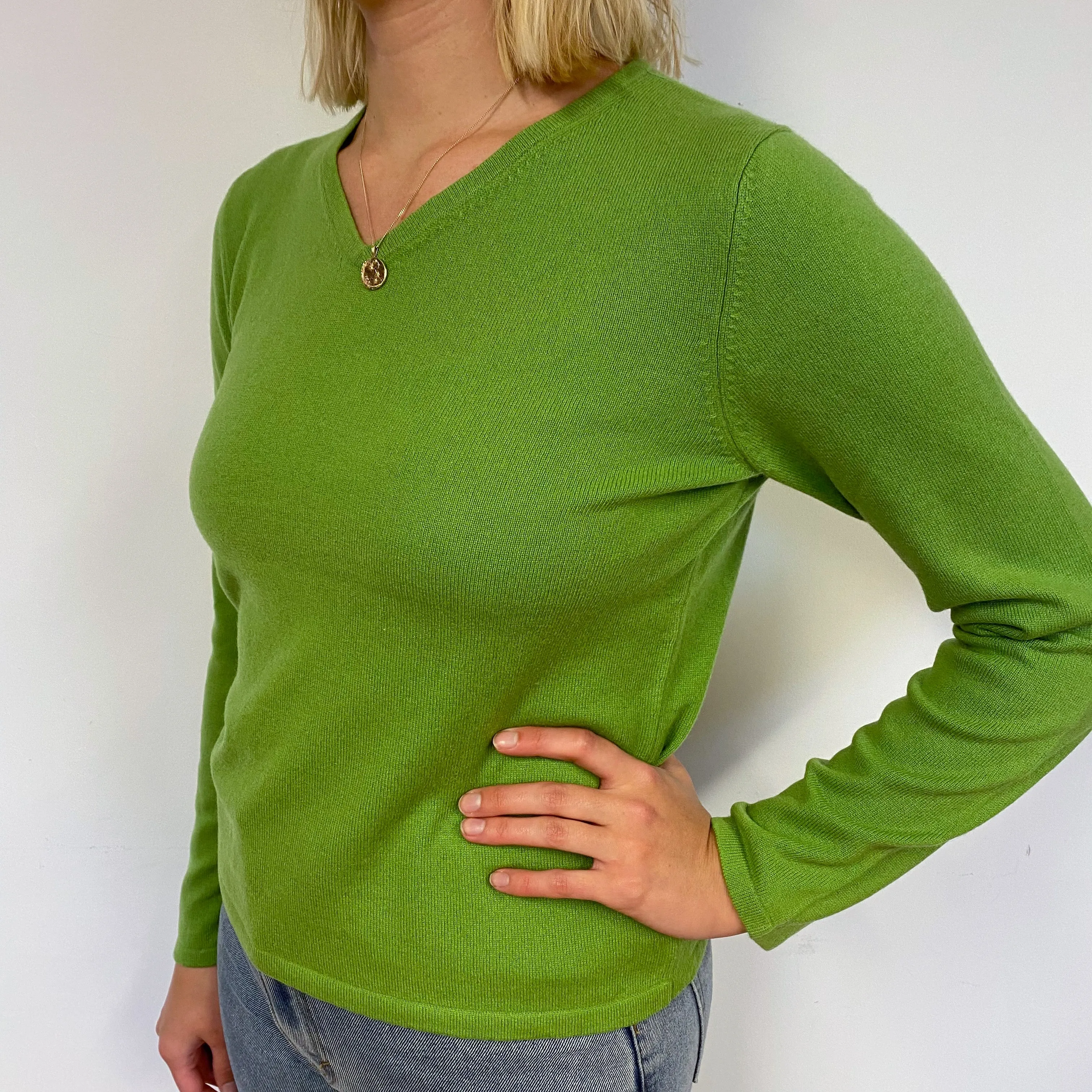 Pear Green Cashmere V-Neck Jumper Small